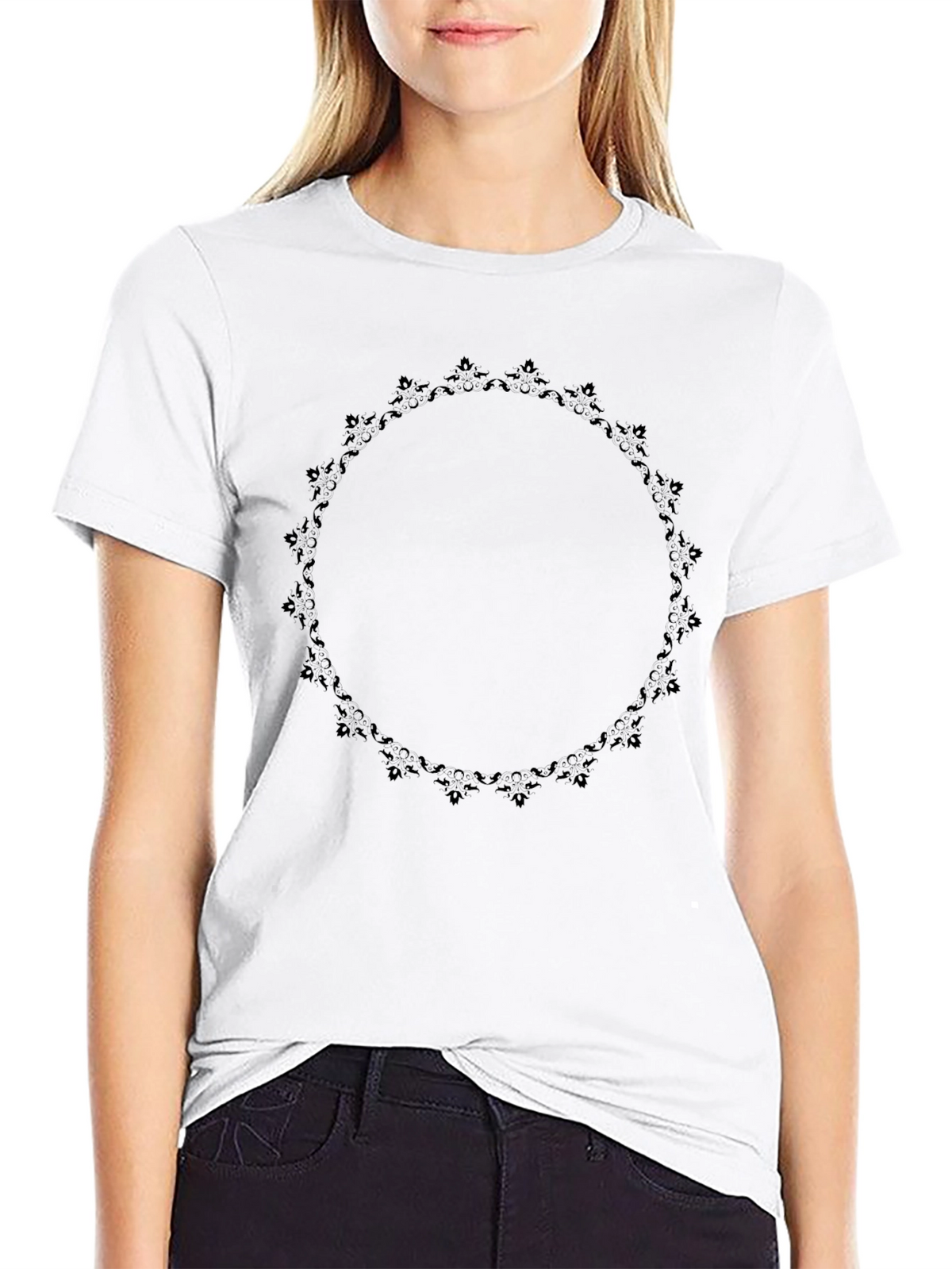 Elegant Black T-Shirt with Floral Circle Design