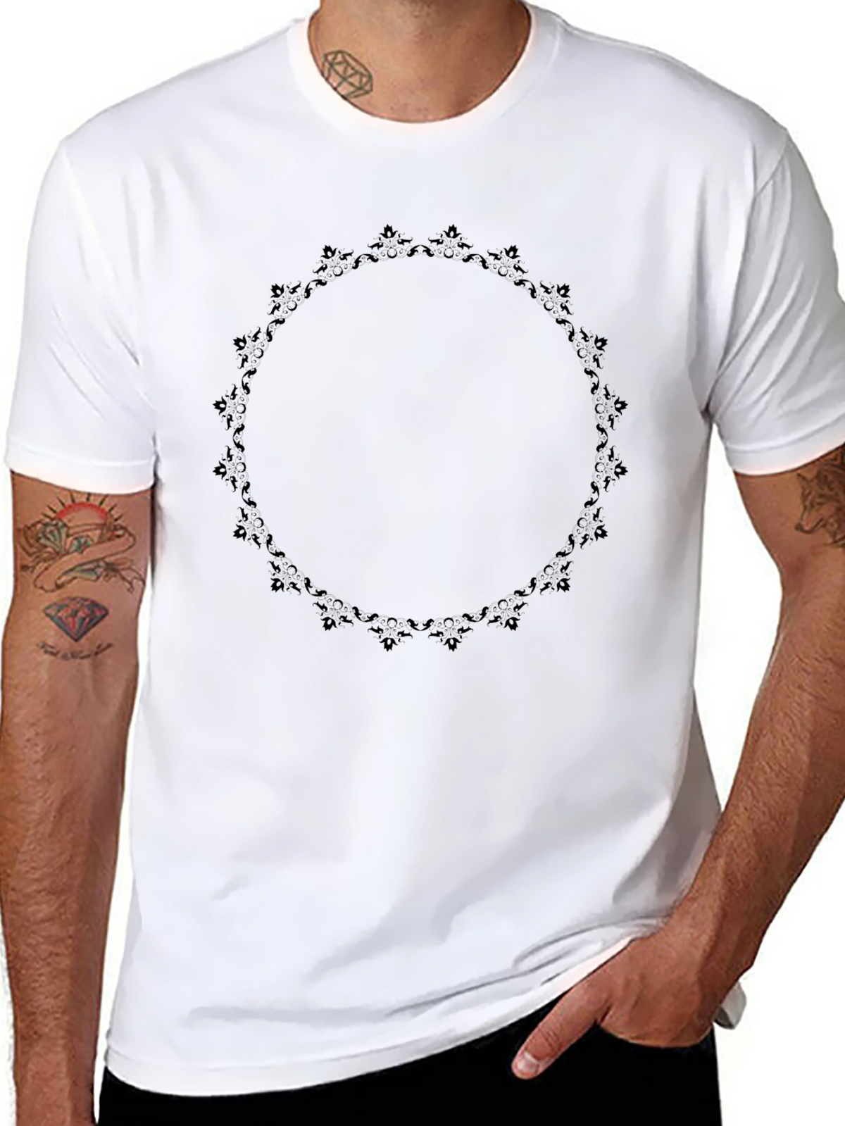 Elegant Black T-Shirt with Floral Circle Design