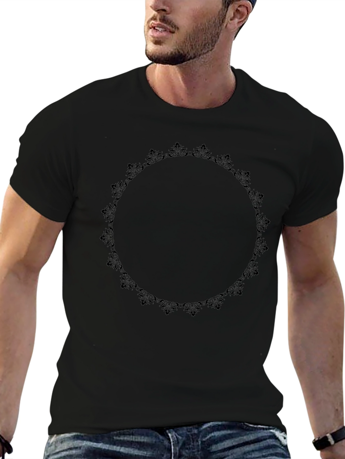 Elegant Black T-Shirt with Floral Circle Design