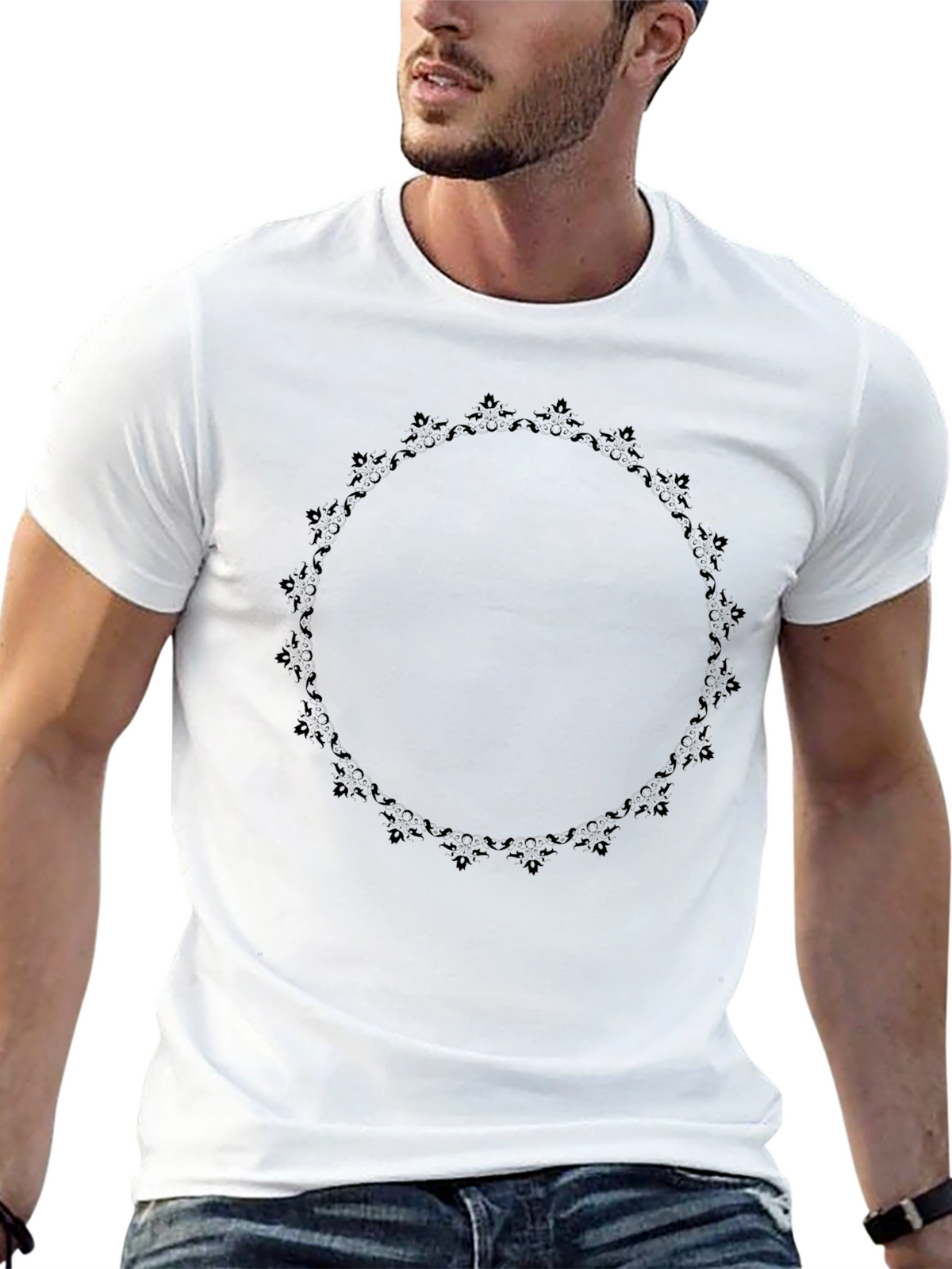 Elegant Black T-Shirt with Floral Circle Design