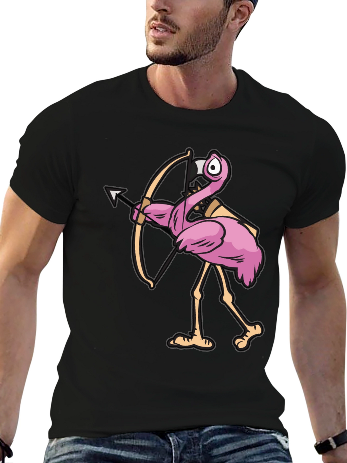 Cupid Flamingo Graphic Tee - Black Cotton T-Shirt