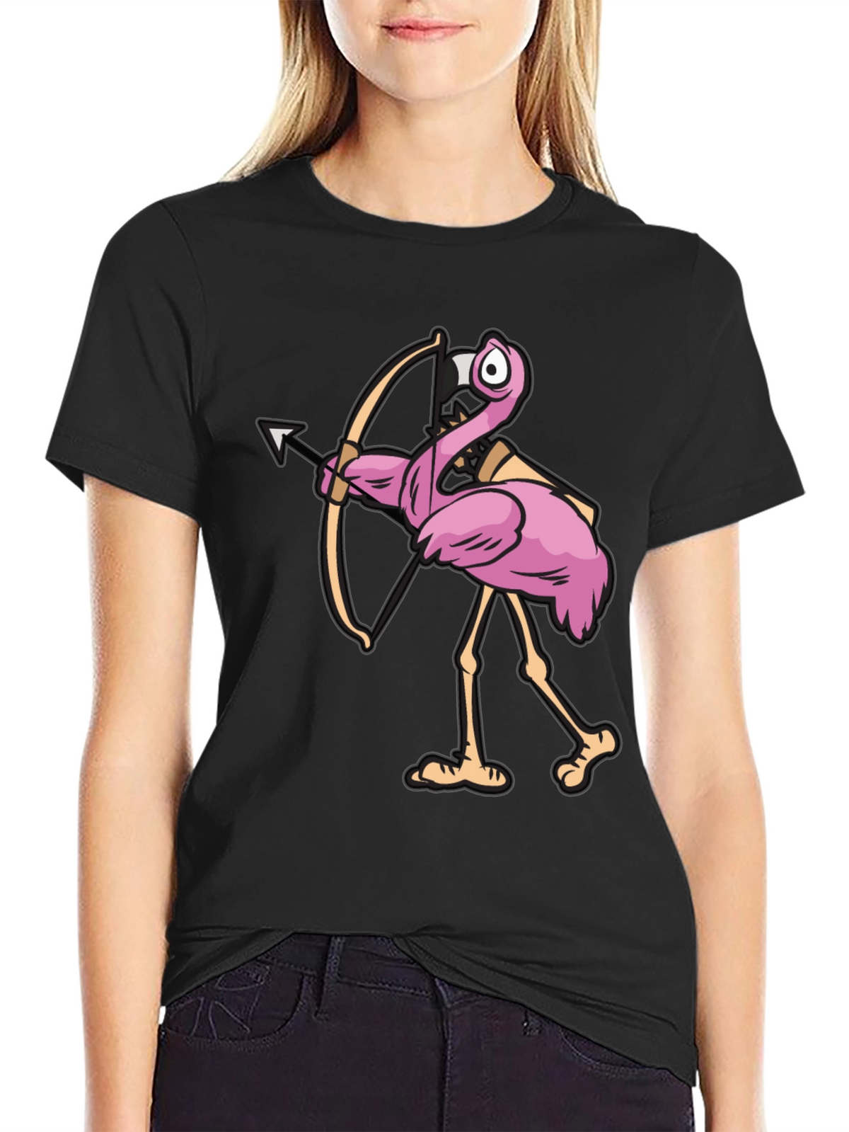 Cupid Flamingo Graphic Tee - Black Cotton T-Shirt