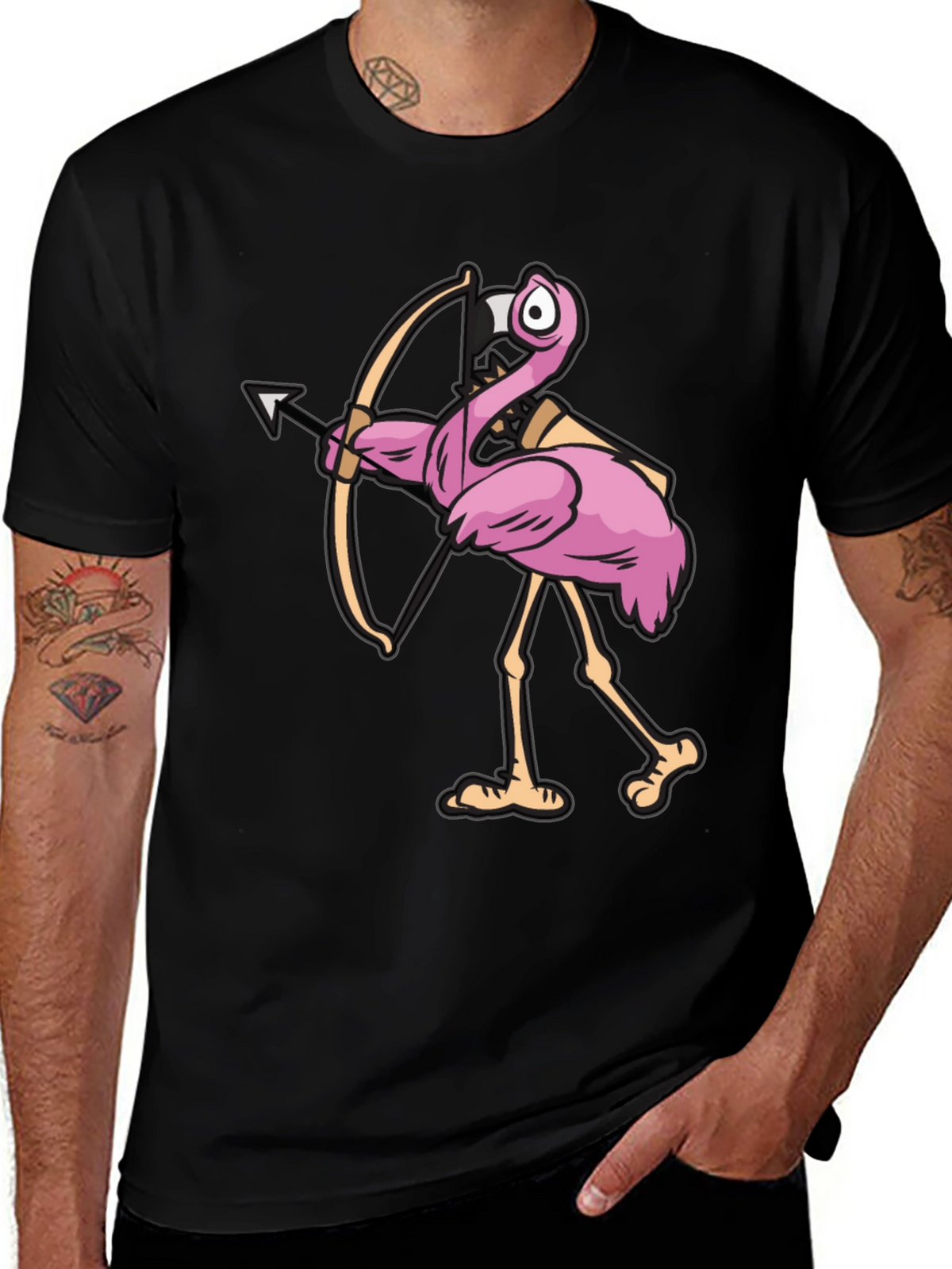 Cupid Flamingo Graphic Tee - Black Cotton T-Shirt