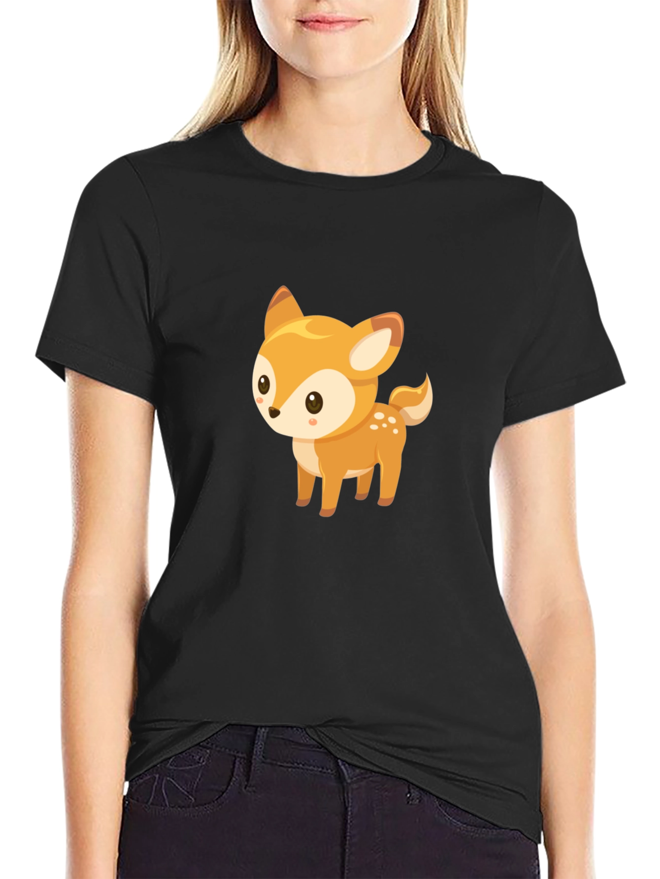 Cute Deer Graphic Tee - Black Cotton Blend