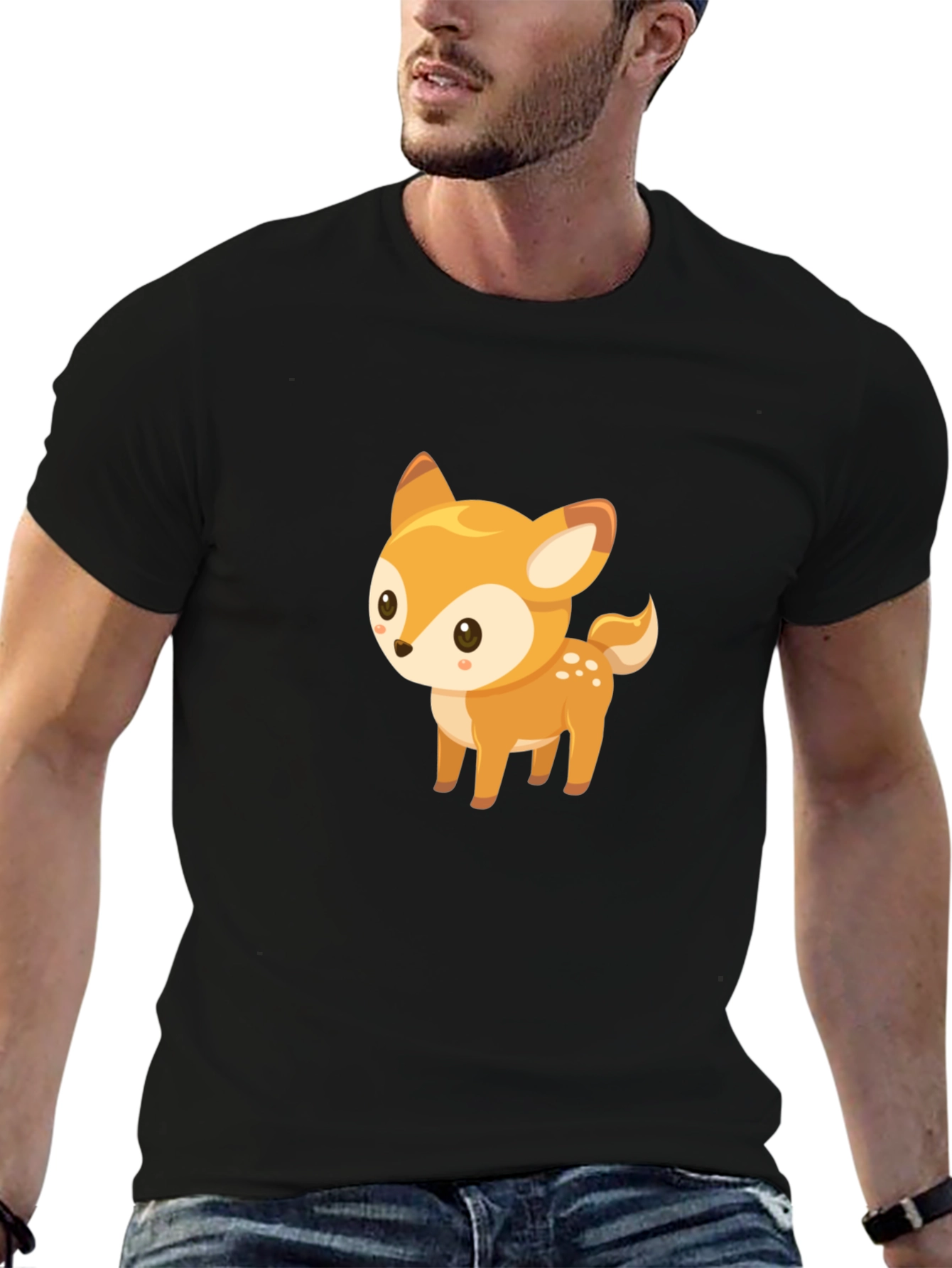 Cute Deer Graphic Tee - Black Cotton Blend