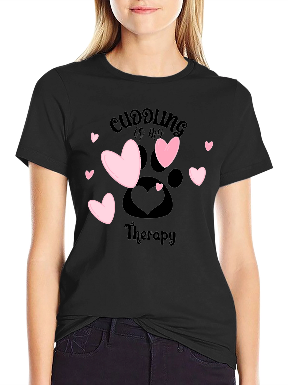 Cuddling Therapy T-Shirt: Heart & Paw Print Design