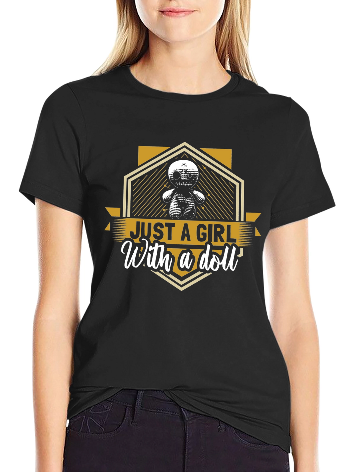 Just A Girl With A Doll Black Graphic T-Shirt
