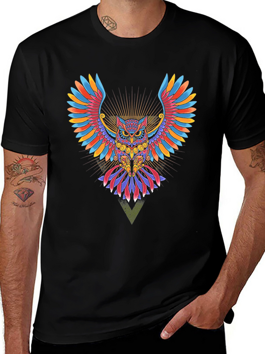 Colorful Owl Graphic Print Black T-Shirt