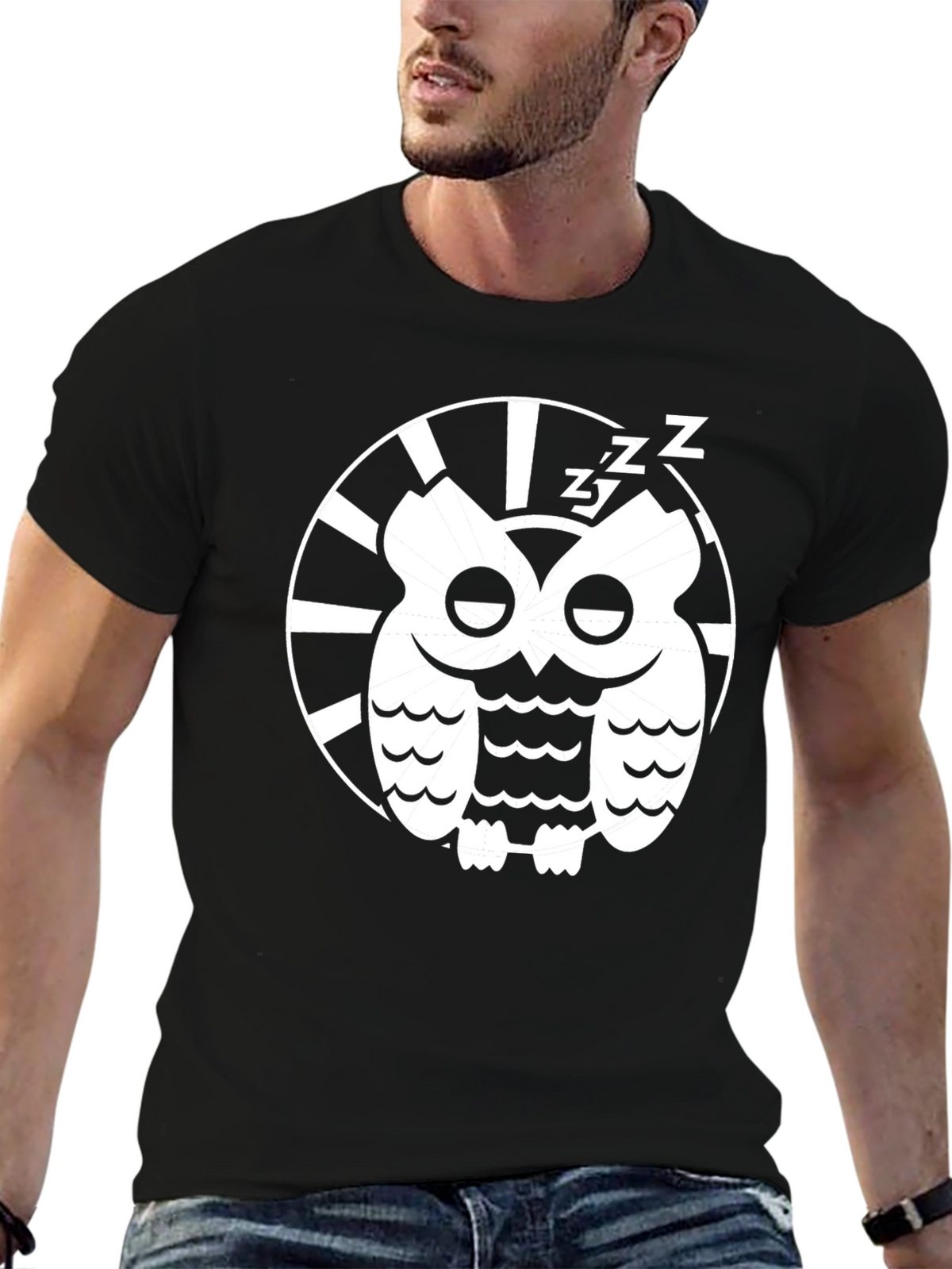 Sleepy Owl Graphic Tee - Black Cotton T-Shirt
