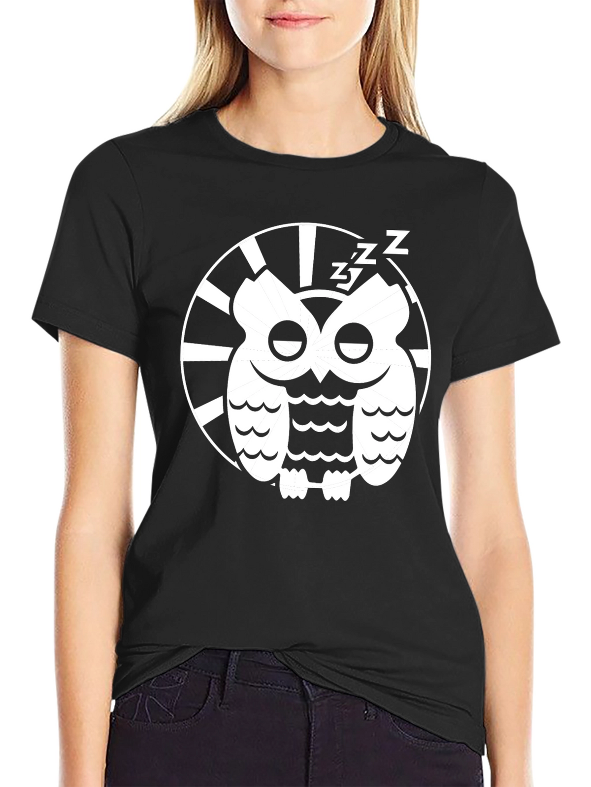 Sleepy Owl Graphic Tee - Black Cotton T-Shirt