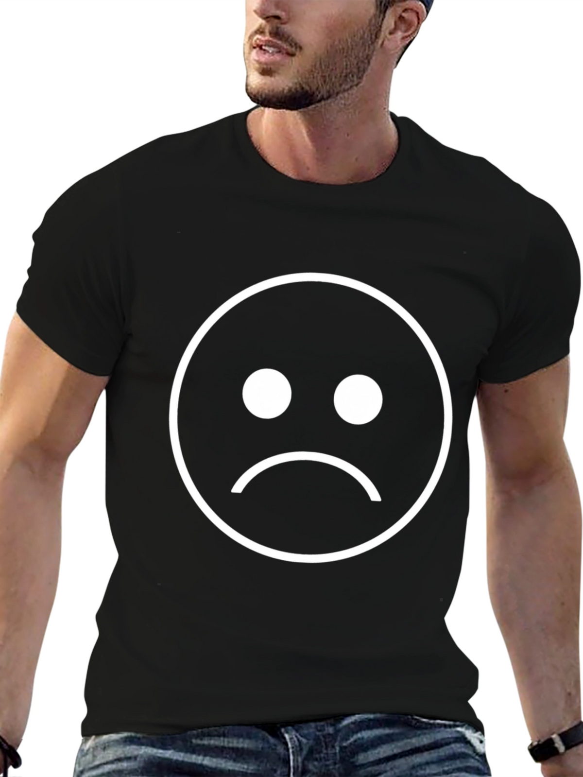 Sad Face Graphic Tee - Black Cotton Blend T-Shirt