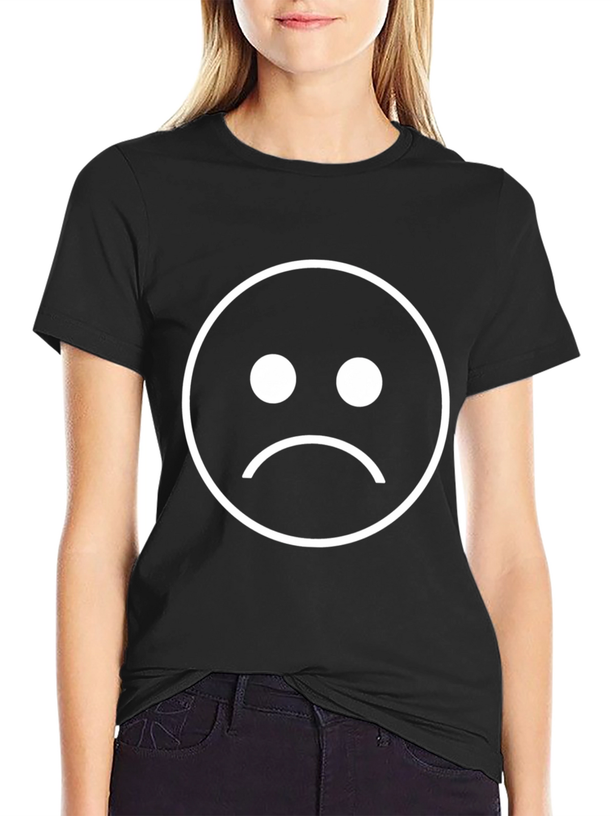 Sad Face Graphic Tee - Black Cotton Blend T-Shirt