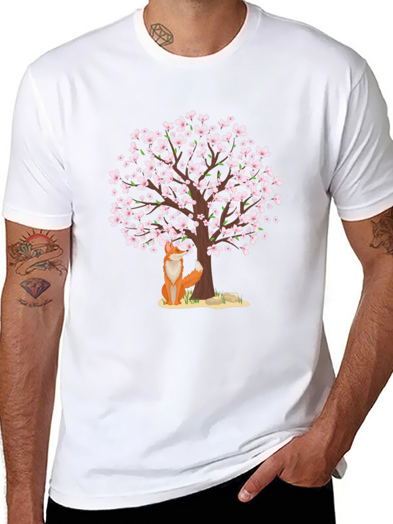 Fox Under Cherry Blossom Tree Black T-Shirt