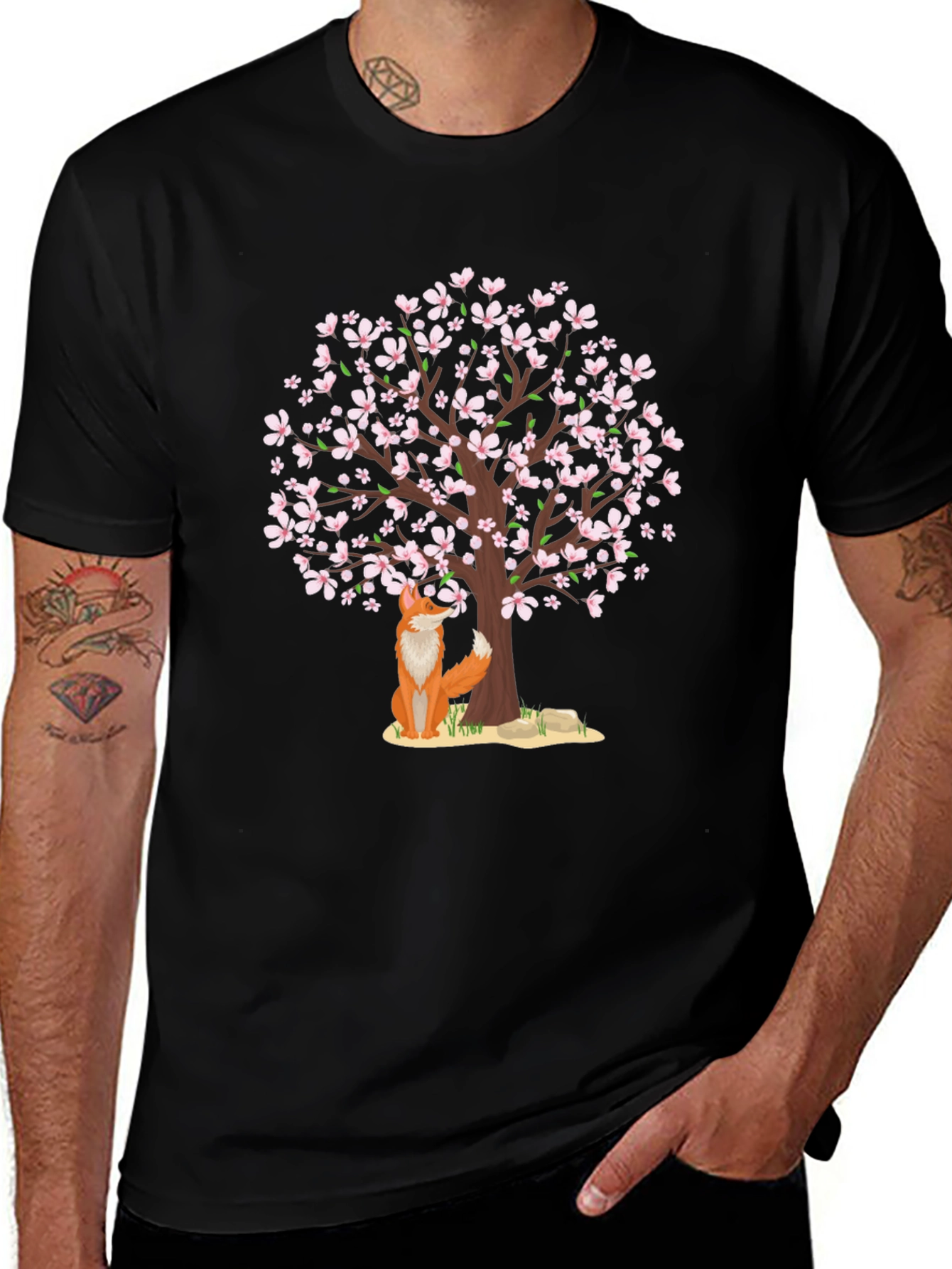 Fox Under Cherry Blossom Tree Black T-Shirt
