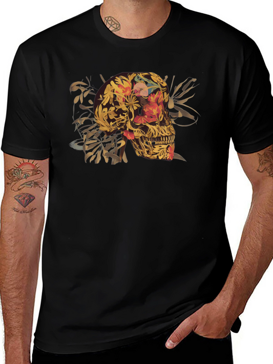 Floral Skull Graphic Tee - Black Cotton T-Shirt
