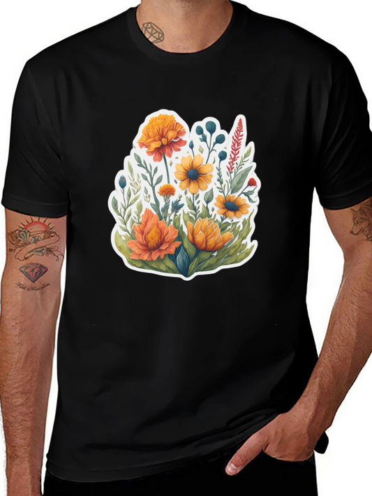 Floral Sticker Tee - Black Cotton Casual Wear