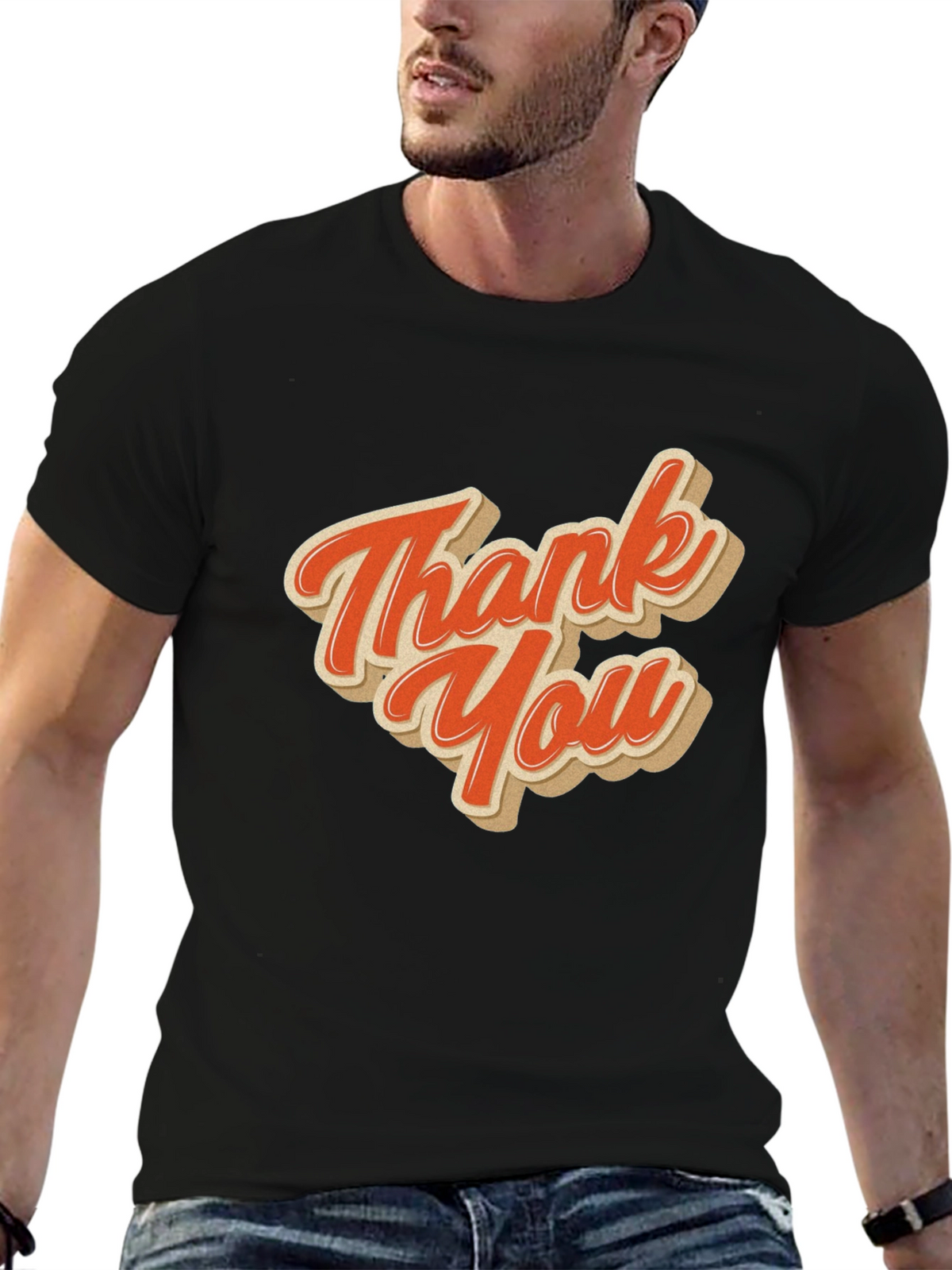 Retro Thank You Graphic Tee - Black Cotton Blend