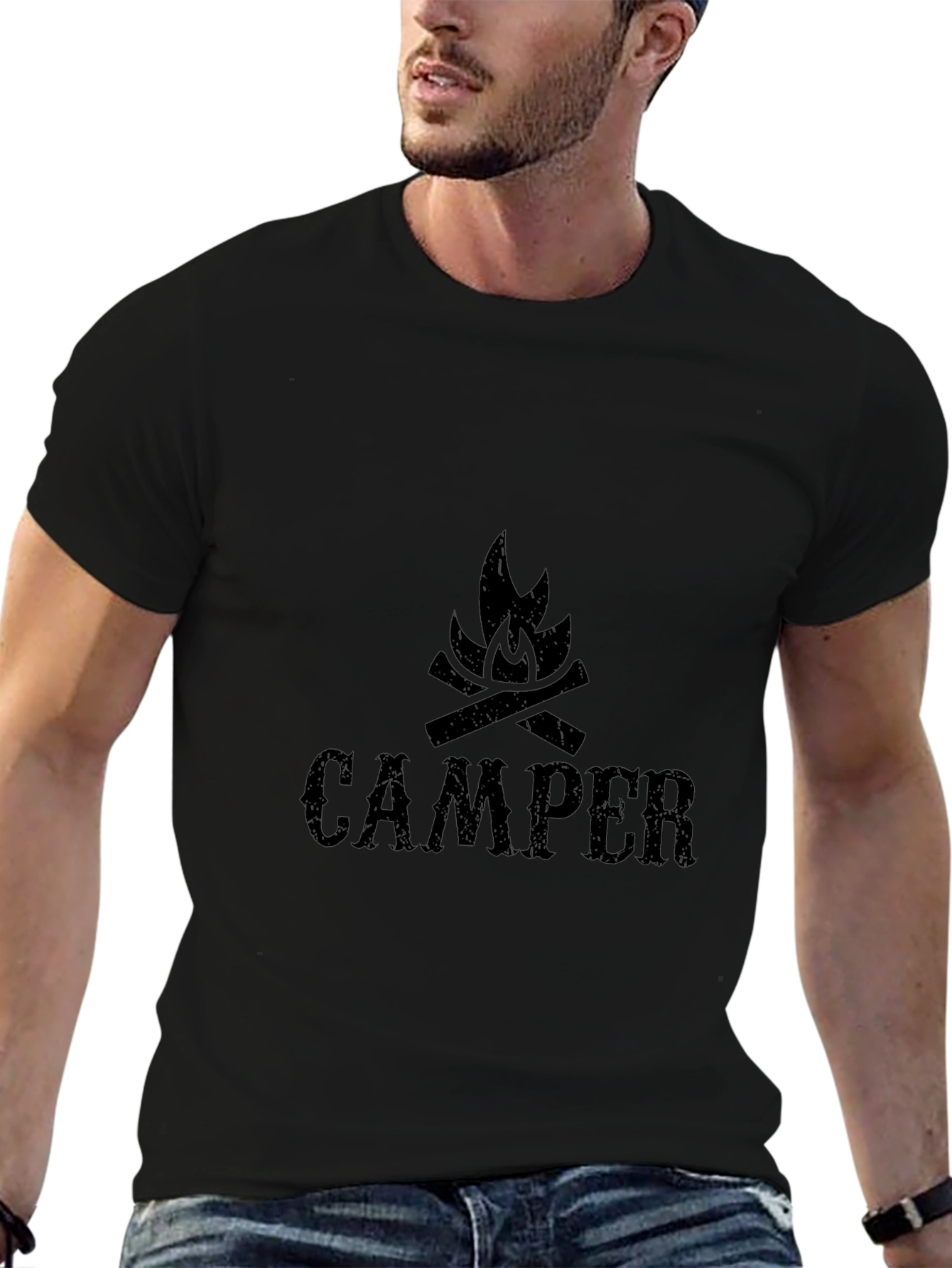Camper Bonfire Graphic Tee - Black Cotton Camping Shirt
