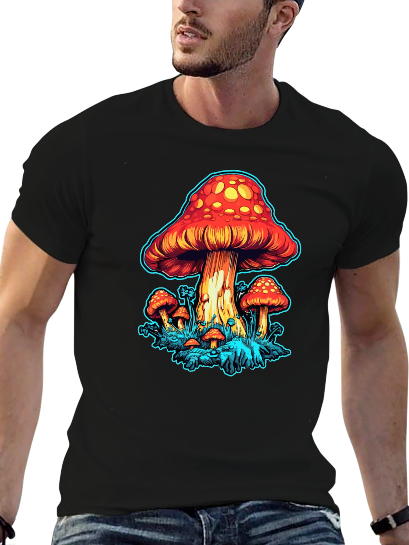 Psychedelic Mushroom Graphic Tee - Black Cotton