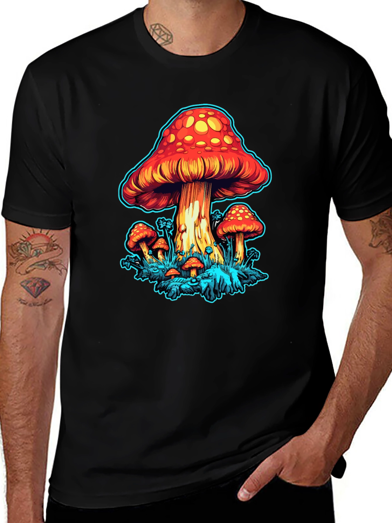 Psychedelic Mushroom Graphic Tee - Black Cotton