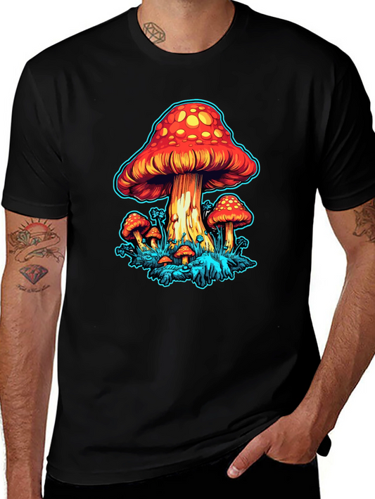 Psychedelic Mushroom Graphic Tee - Black Cotton