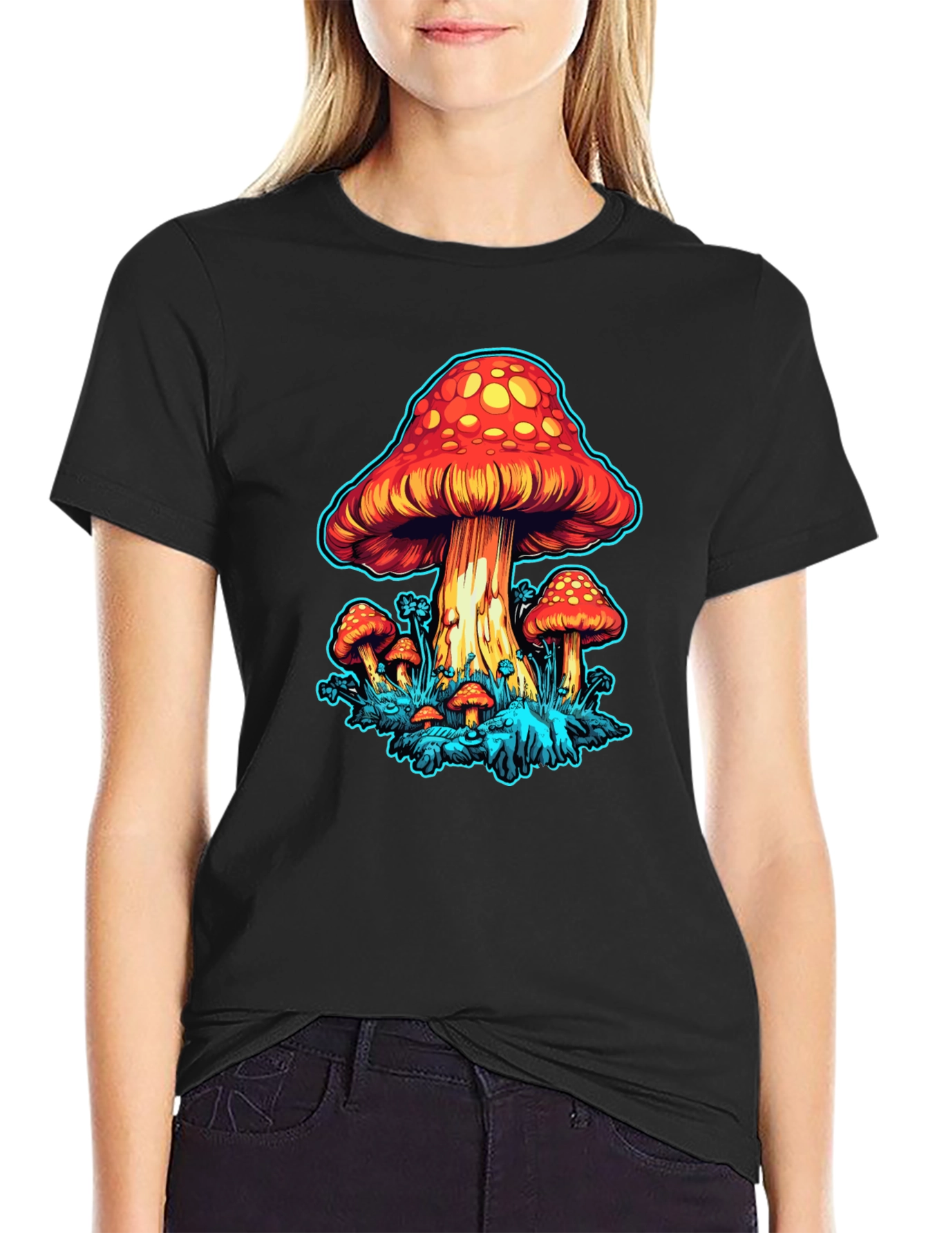 Psychedelic Mushroom Graphic Tee - Black Cotton