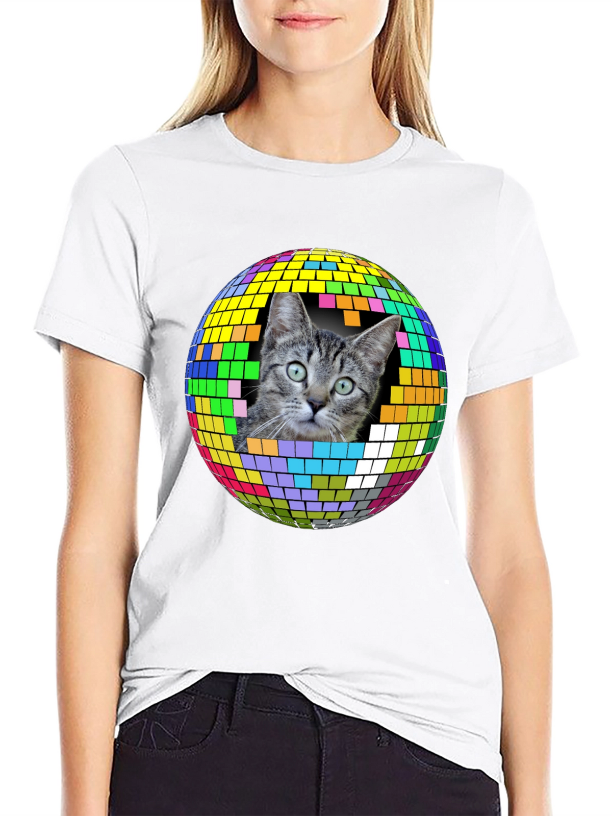 Cat Disco Ball Graphic Tee - Funky Unisex T-Shirt