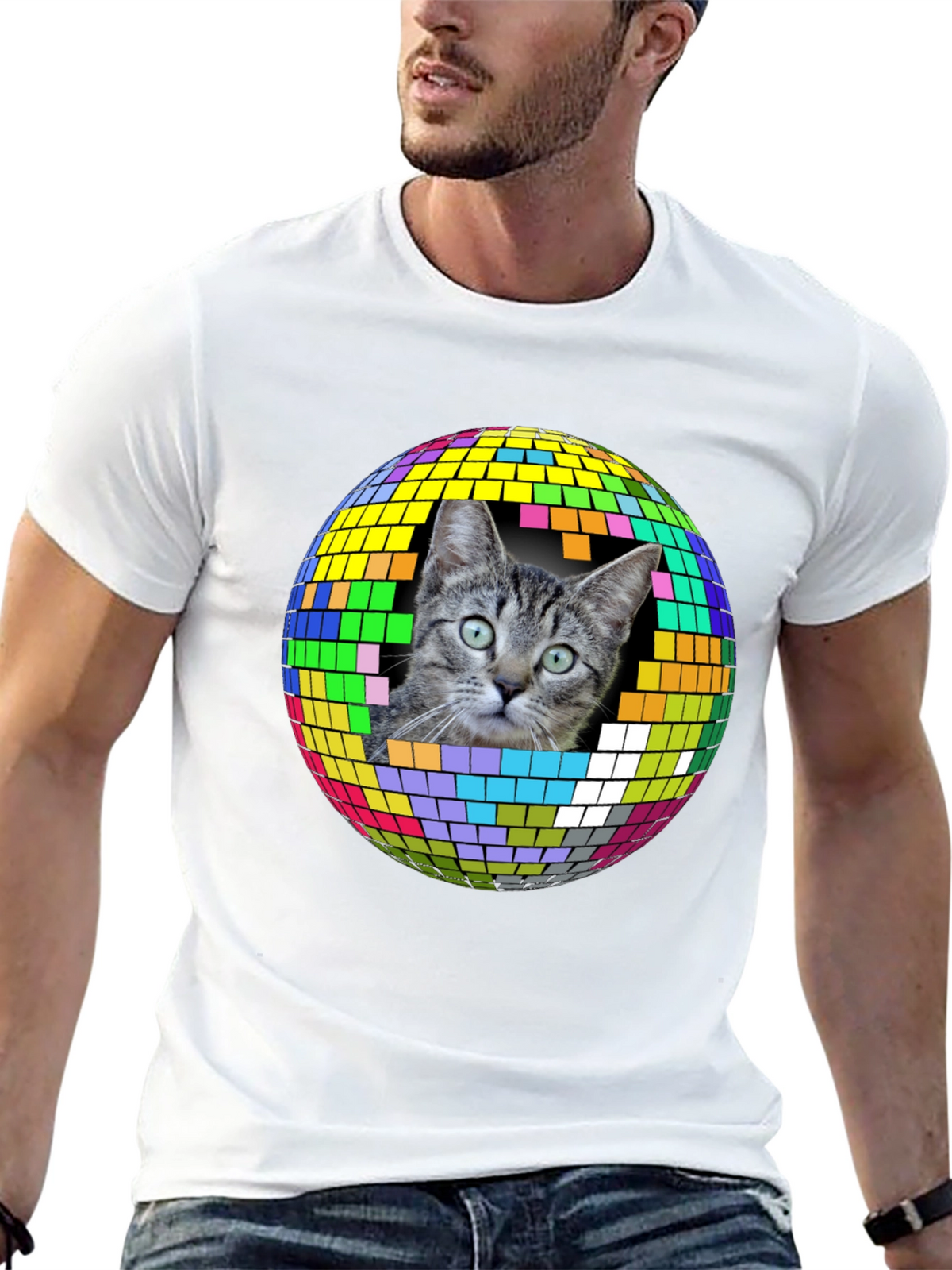Cat Disco Ball Graphic Tee - Funky Unisex T-Shirt