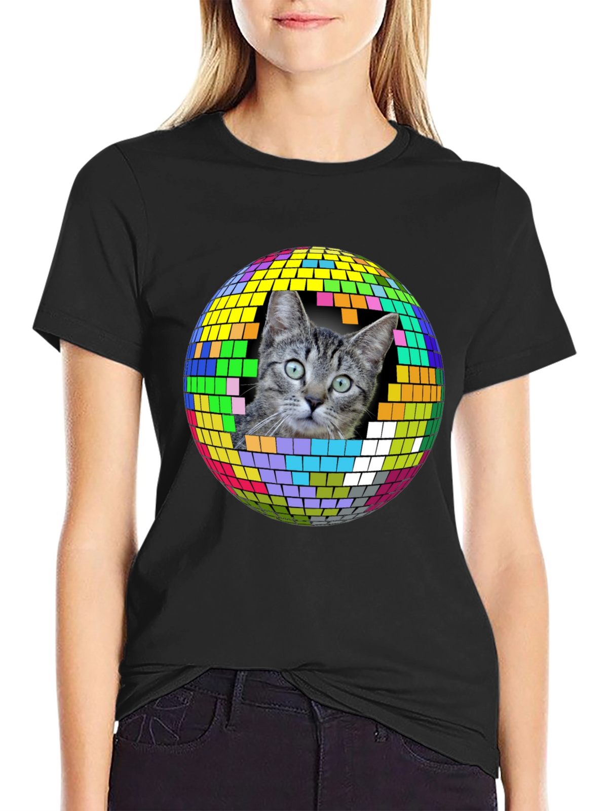 Cat Disco Ball Graphic Tee - Funky Unisex T-Shirt