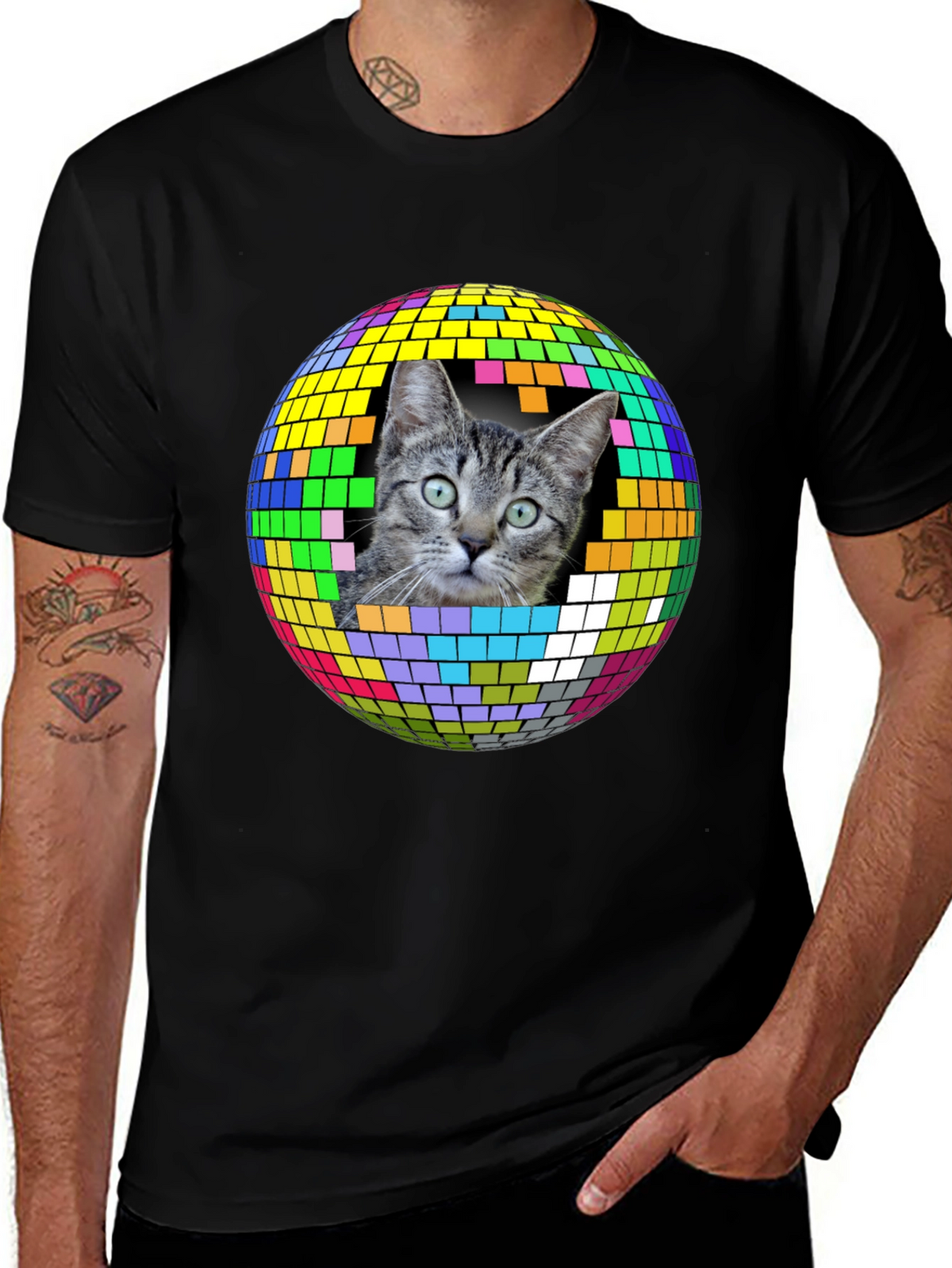 Cat Disco Ball Graphic Tee - Funky Unisex T-Shirt