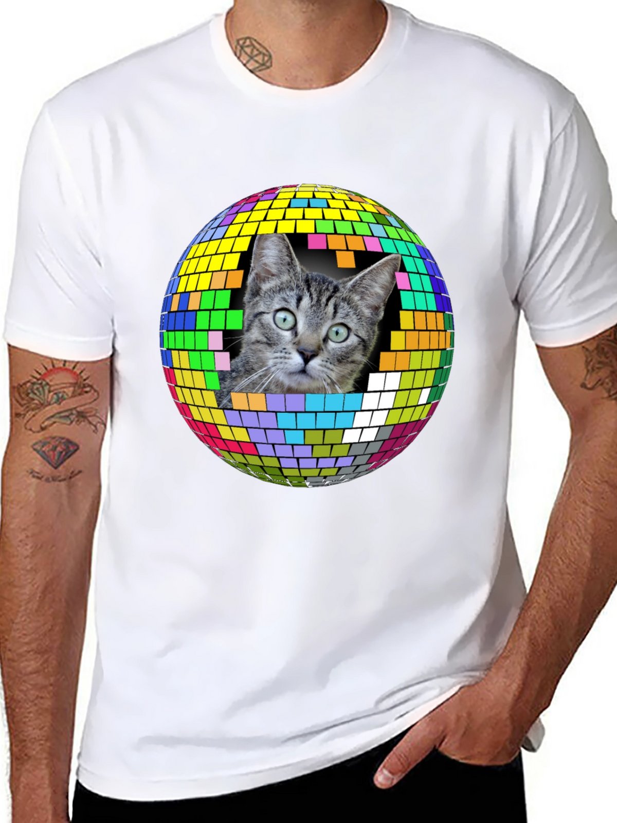 Cat Disco Ball Graphic Tee - Funky Unisex T-Shirt