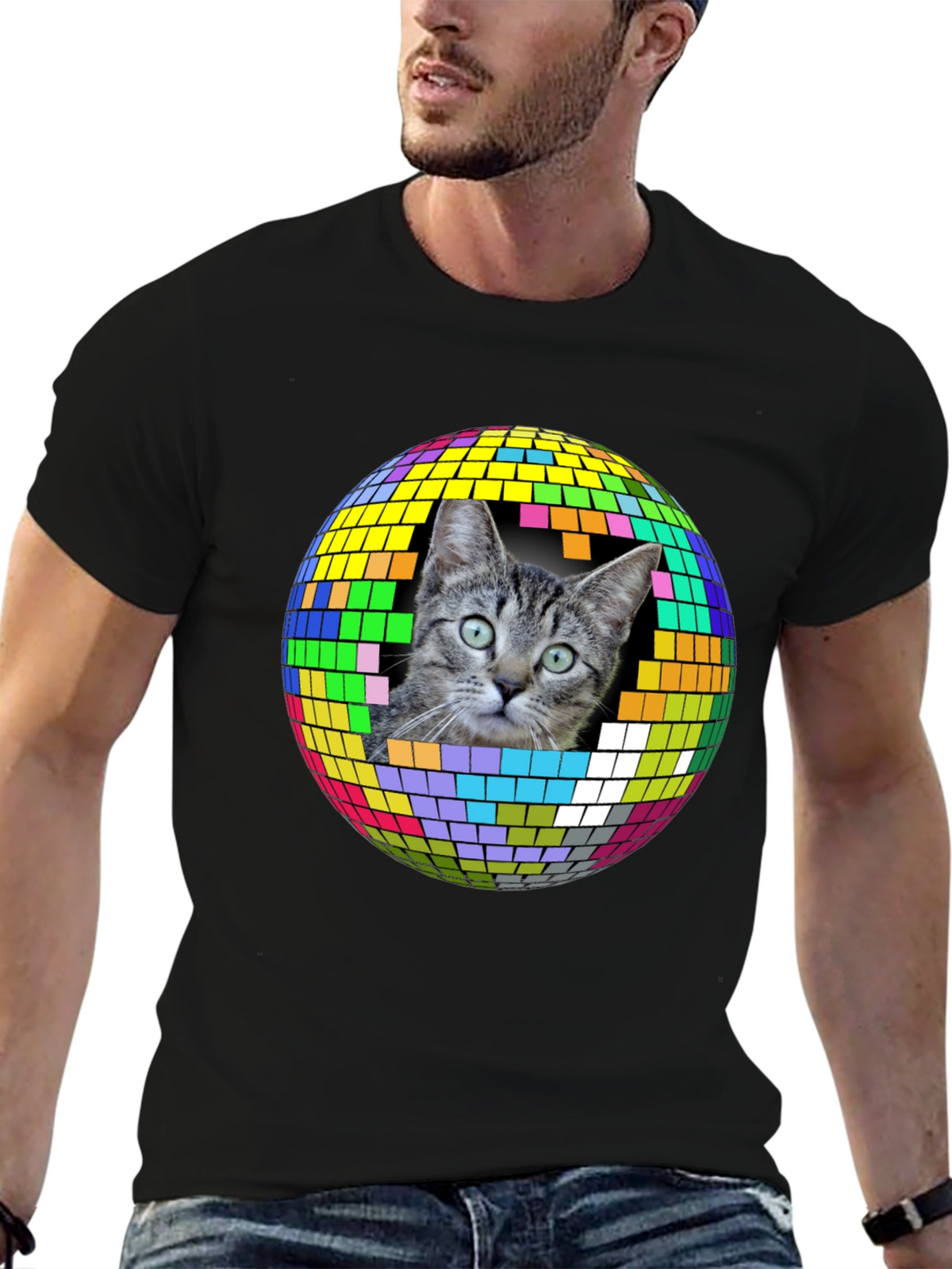 Cat Disco Ball Graphic Tee - Funky Unisex T-Shirt