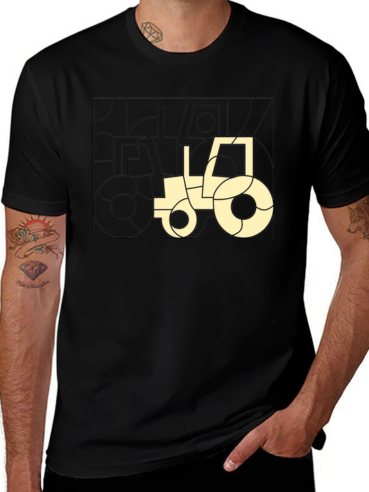 Modern Geometric Tractor Graphic Tee - Black Cotton