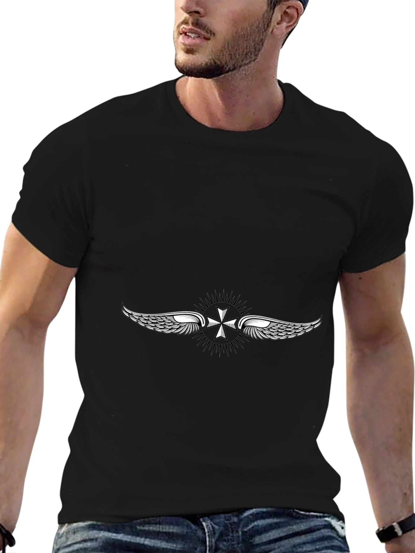 Black T-Shirt with Winged Cross Design