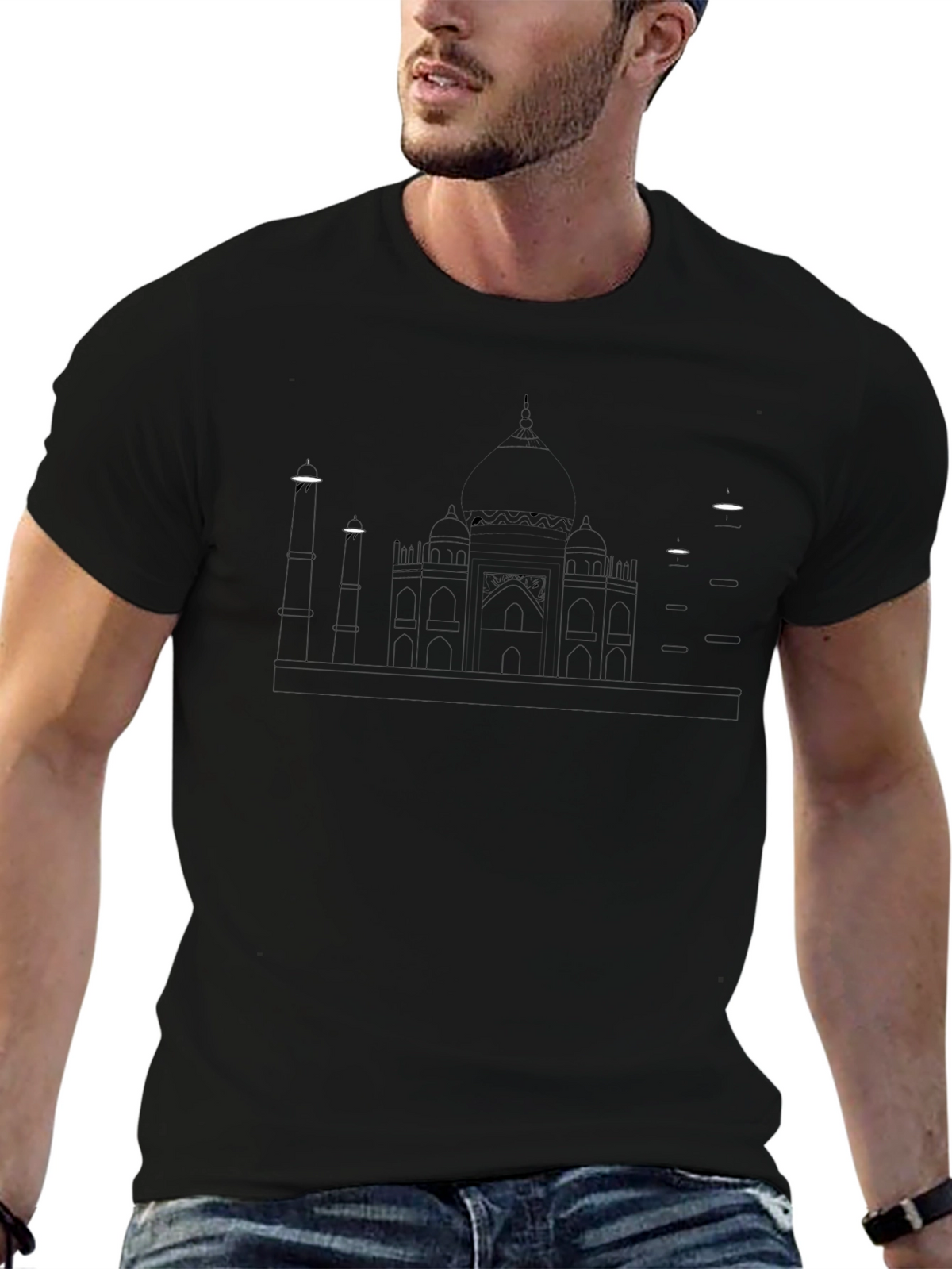 Taj Mahal Line Art Black T-Shirt