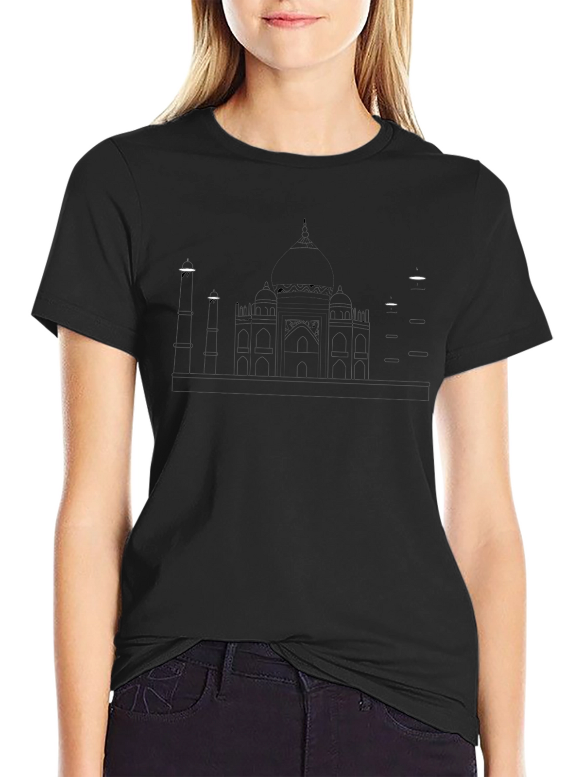 Taj Mahal Line Art Black T-Shirt
