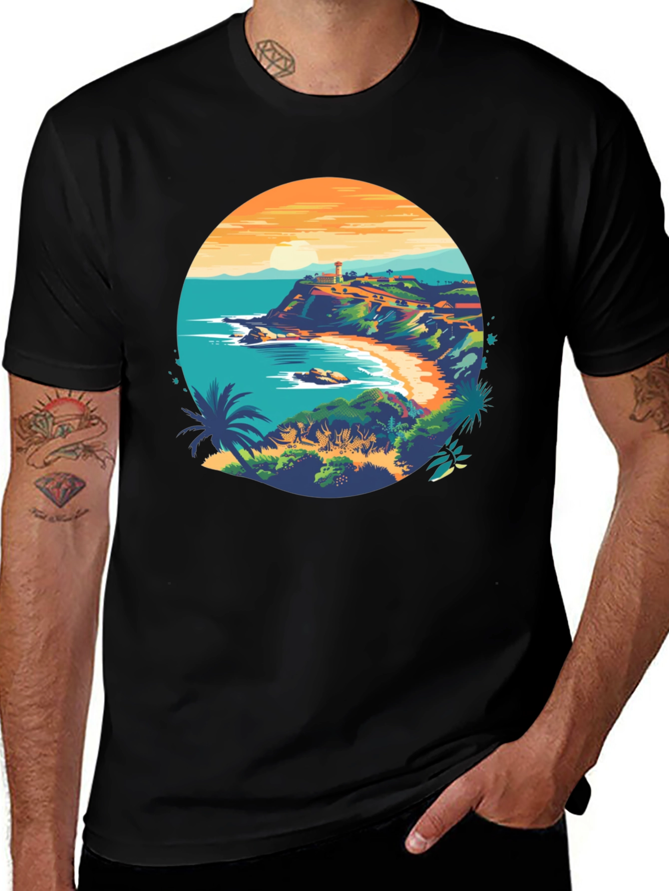 Coastal Lighthouse Graphic Black T-Shirt