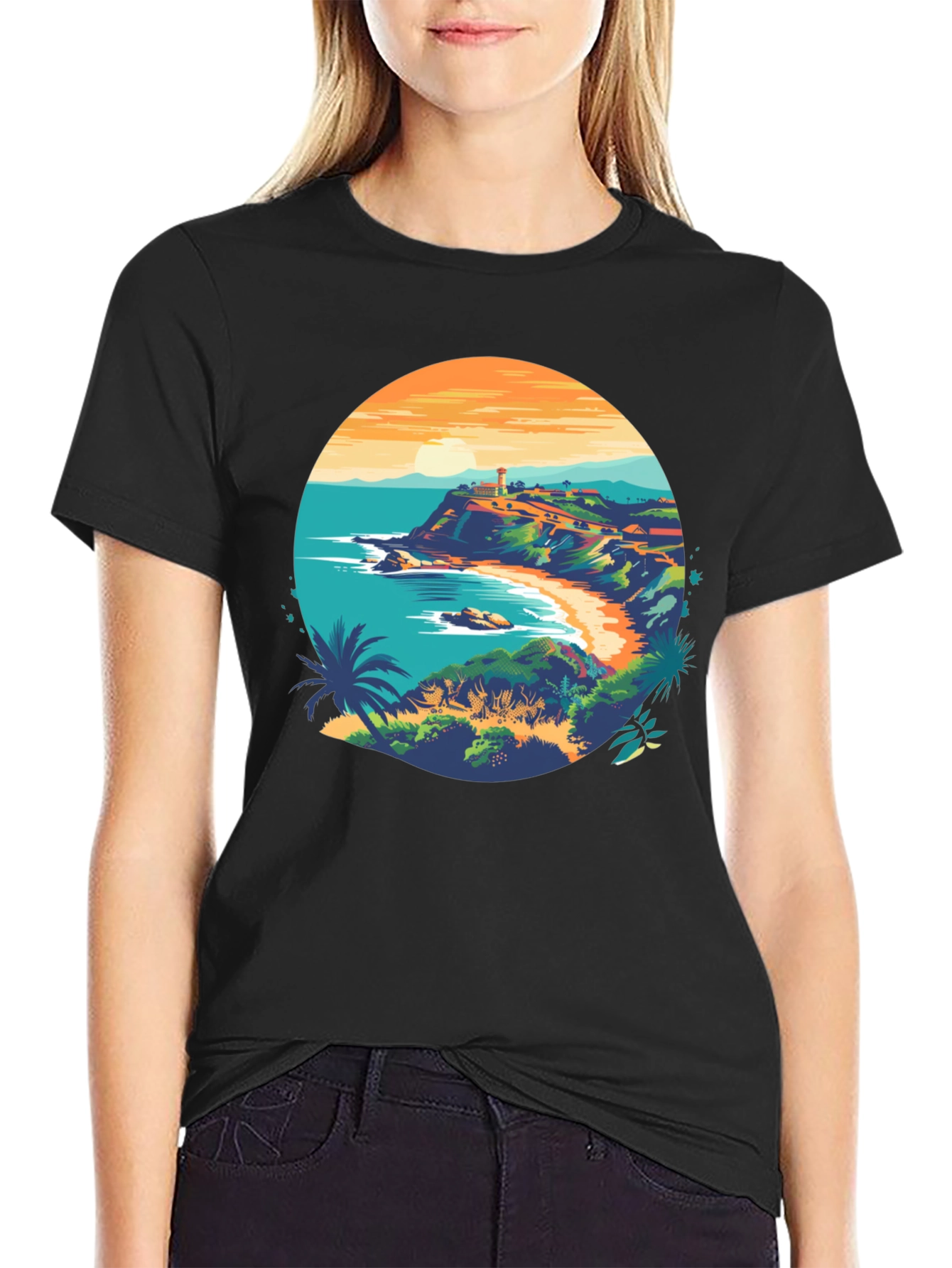 Coastal Lighthouse Graphic Black T-Shirt