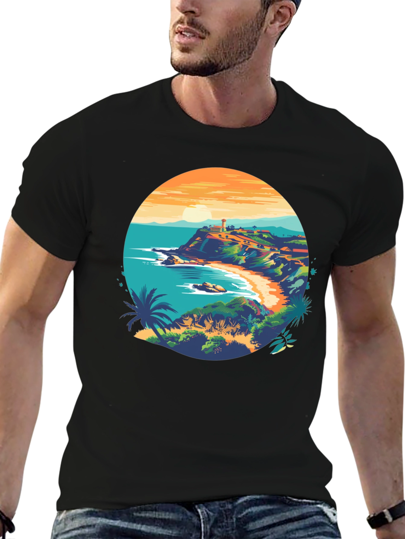 Coastal Lighthouse Graphic Black T-Shirt