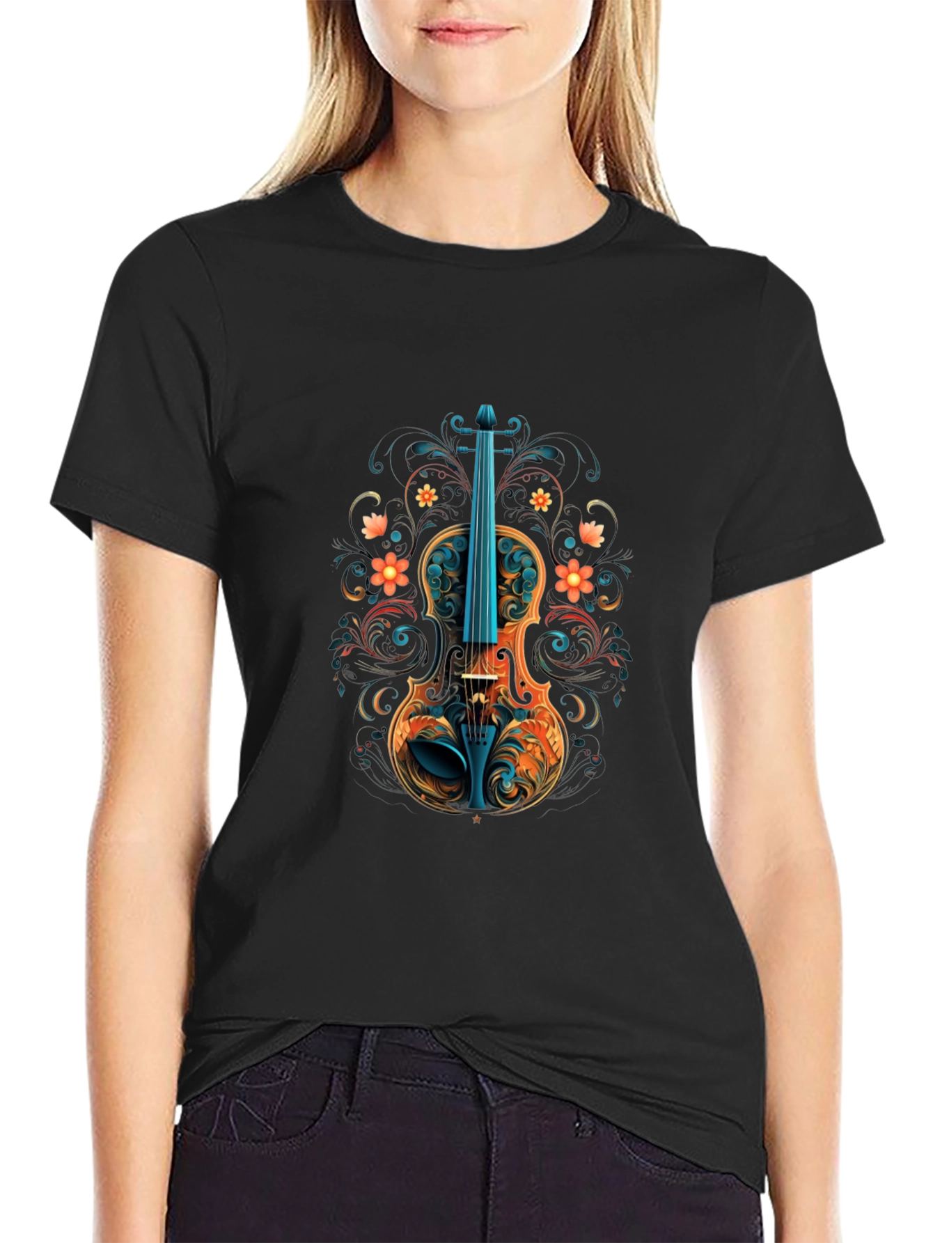 Floral Violin Graphic Black T-Shirt