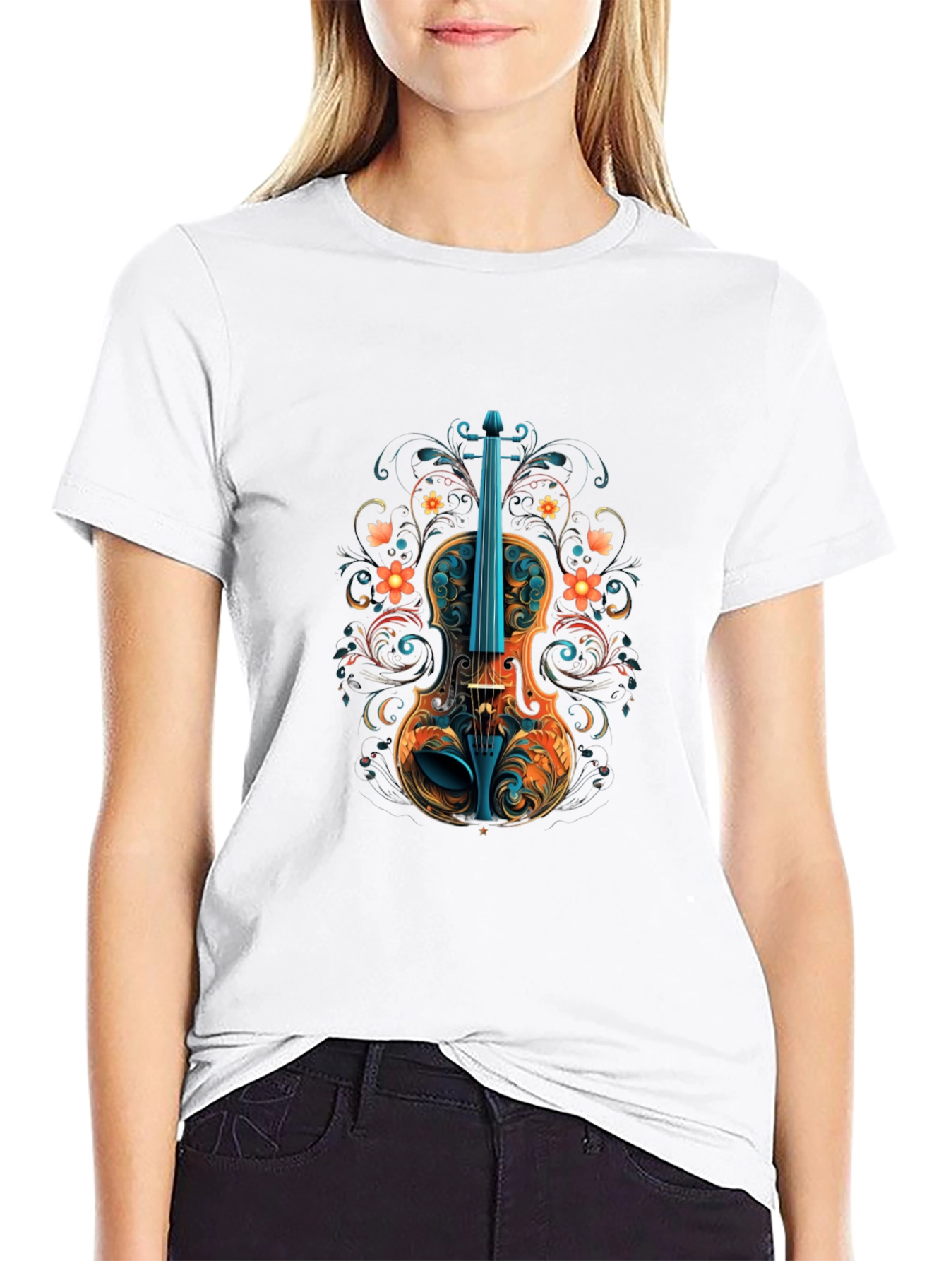 Floral Violin Graphic Black T-Shirt