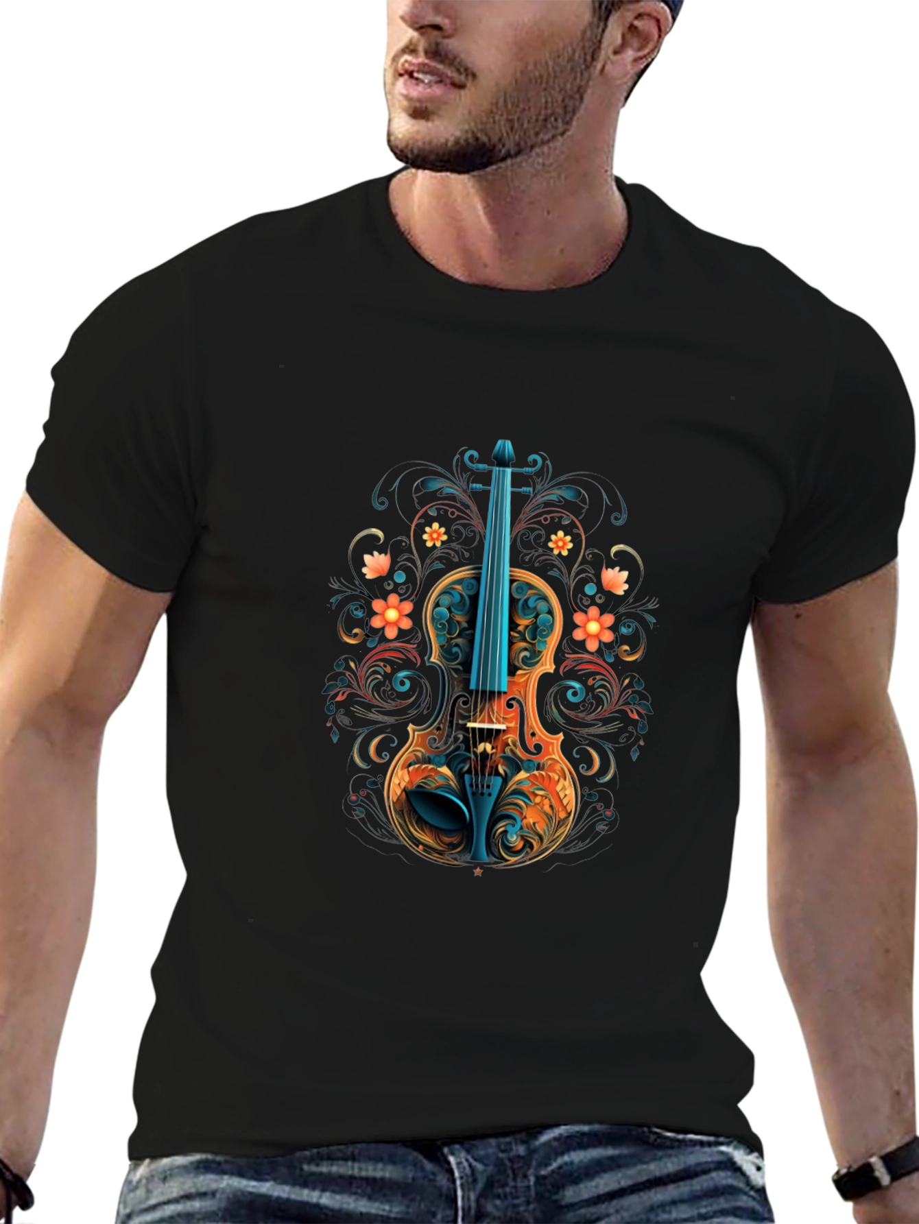 Floral Violin Graphic Black T-Shirt
