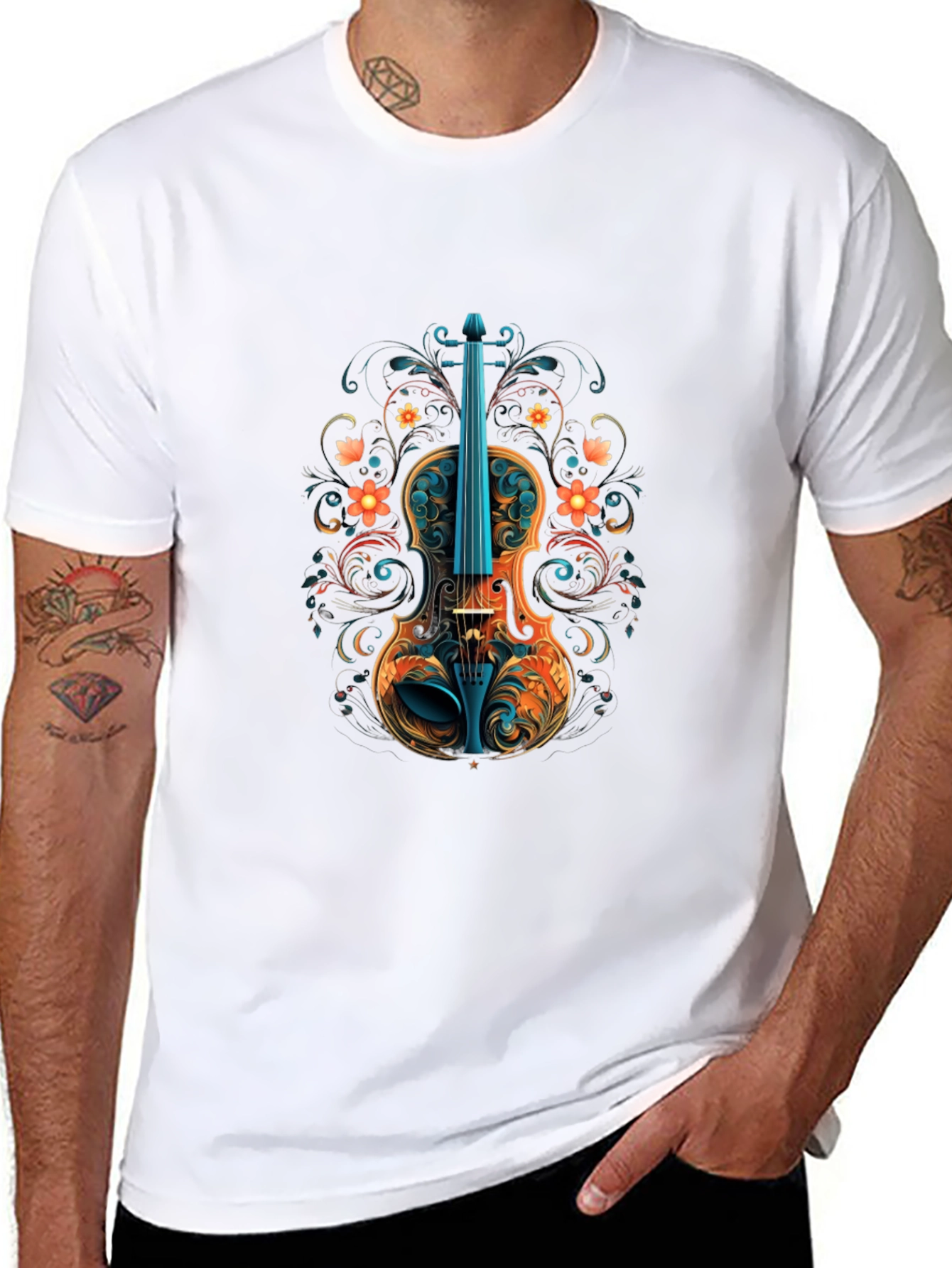 Floral Violin Graphic Black T-Shirt