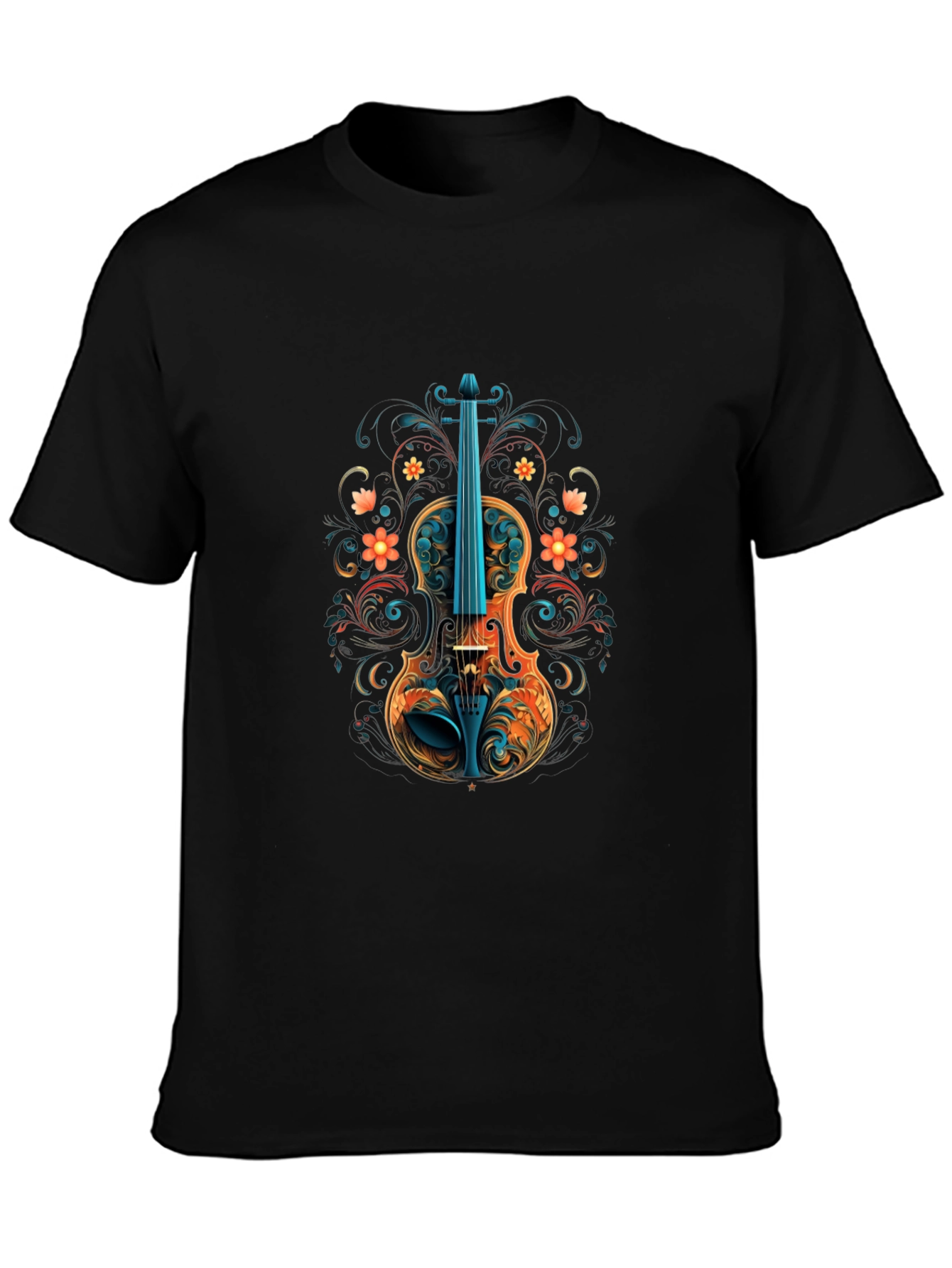 Floral Violin Graphic Black T-Shirt