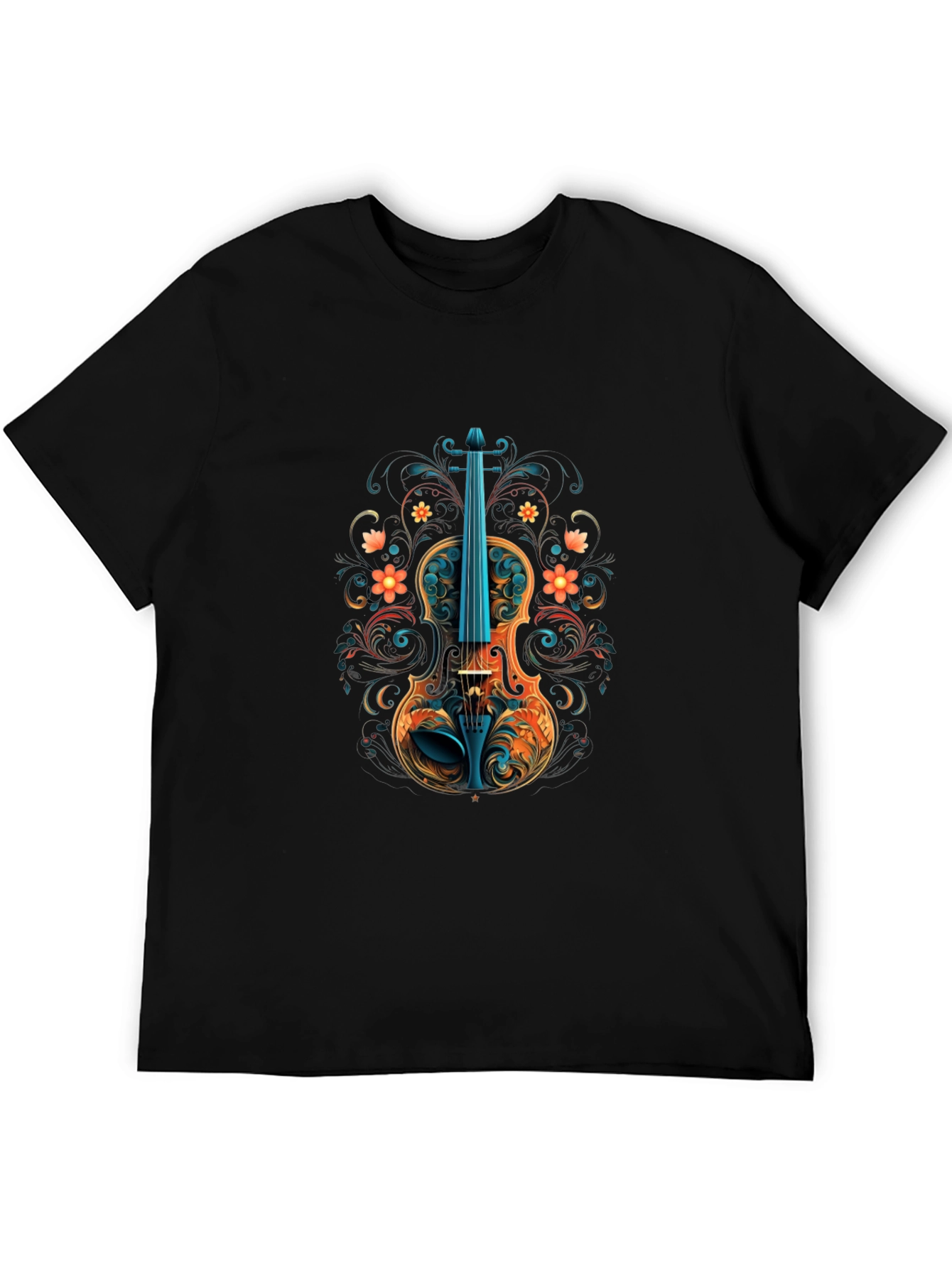 Floral Violin Graphic Black T-Shirt