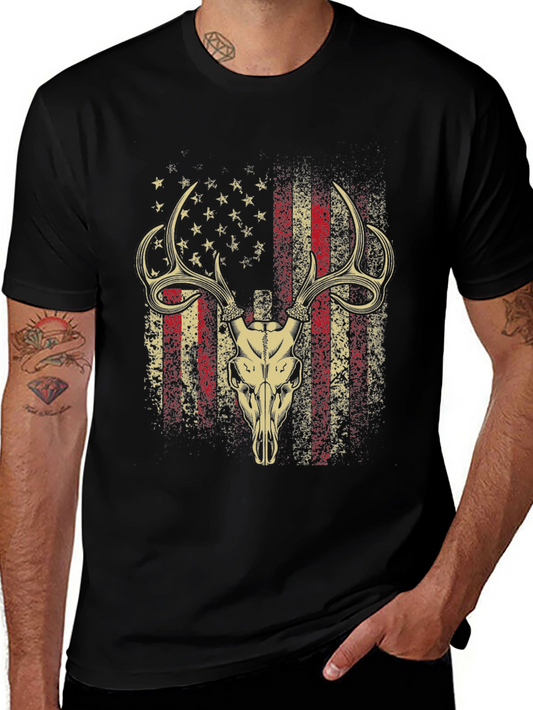 Deer Skull American Flag Graphic Tee - Patriotic Hunting T-Shirt