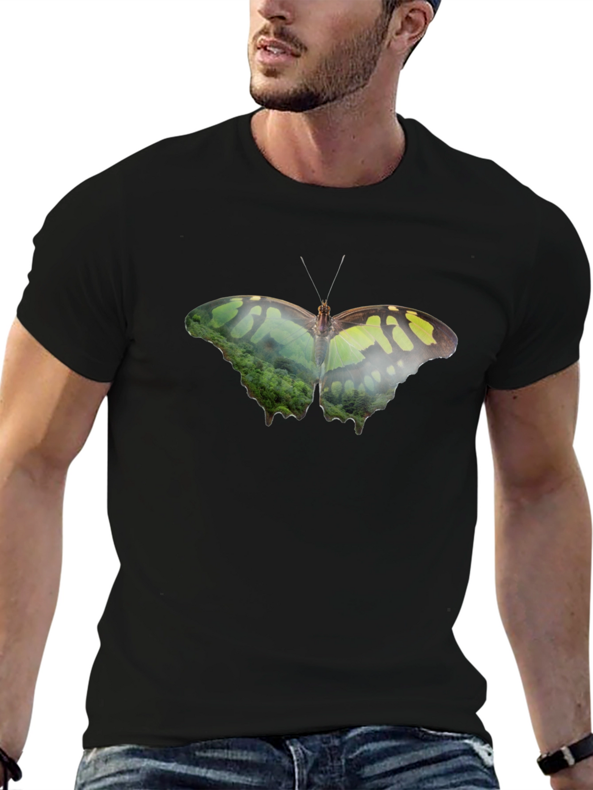 Butterfly Nature Print Black T-Shirt