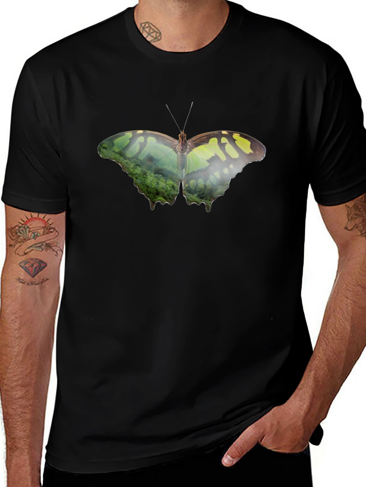 Butterfly Nature Print Black T-Shirt