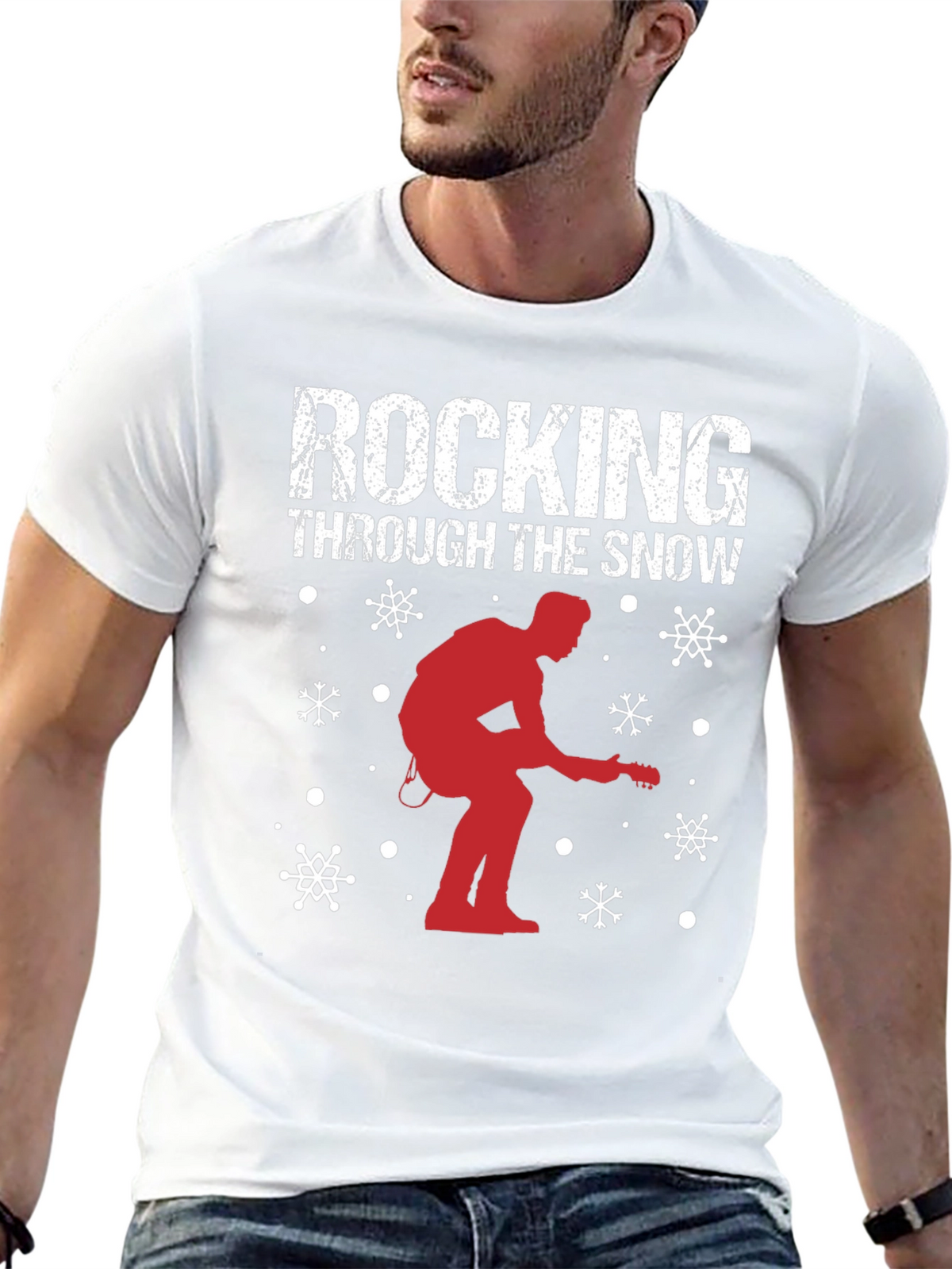 Rocking Through The Snow Guitarist Christmas T-Shirt
