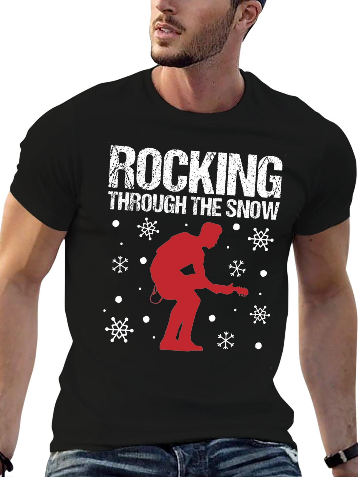 Rocking Through The Snow Guitarist Christmas T-Shirt